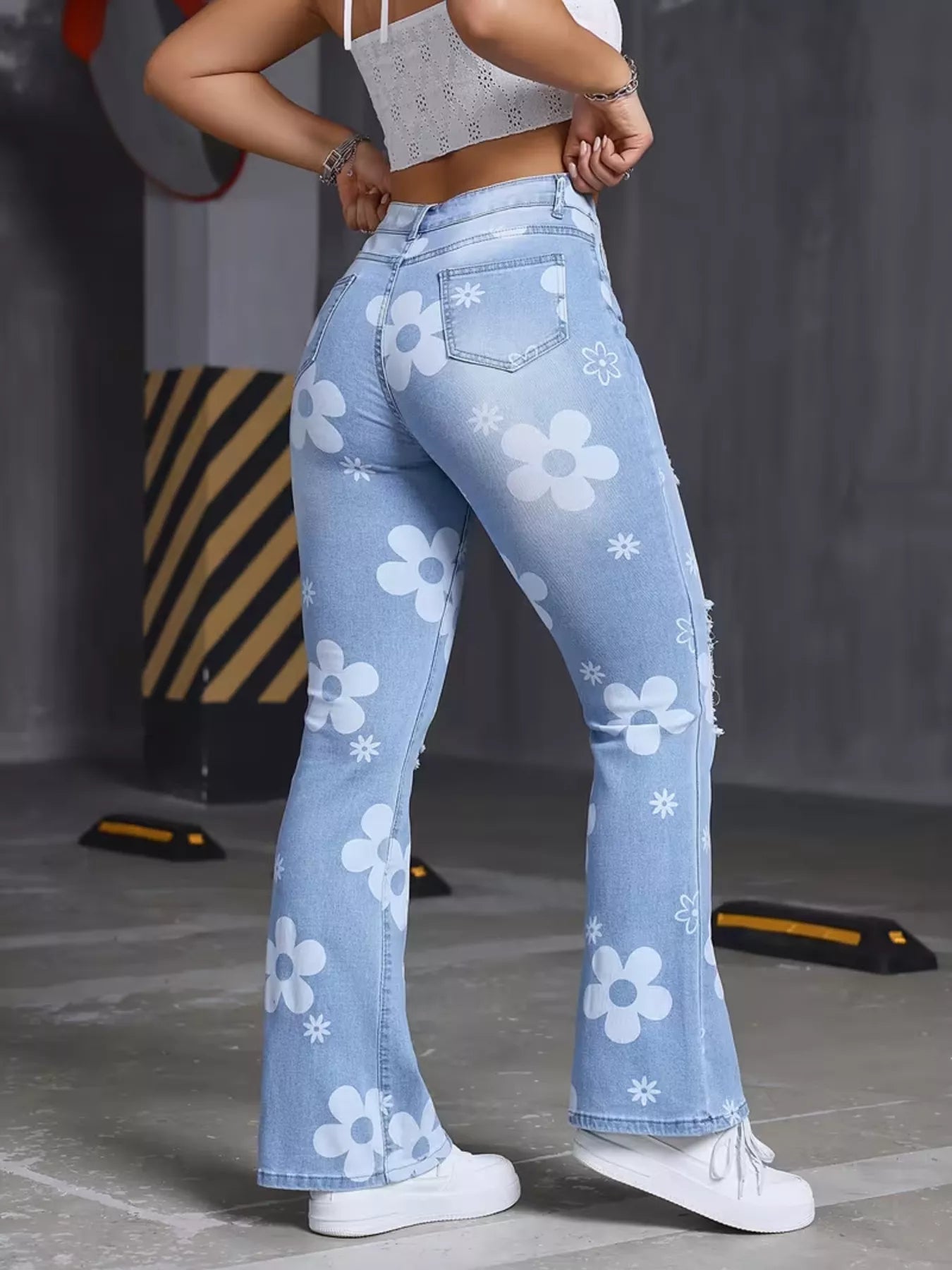 Trendsi High-Waisted Floral Print Distressed Flare Jeans -