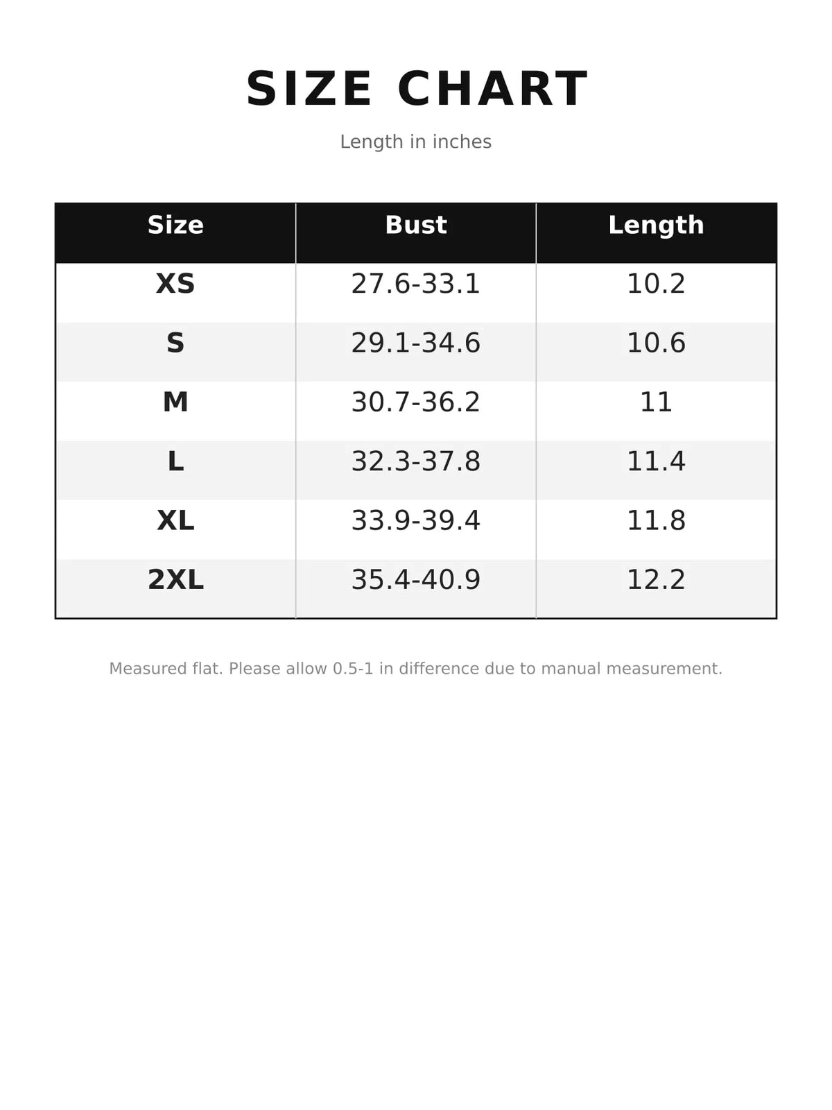 Size chart for corset style ruched tube top