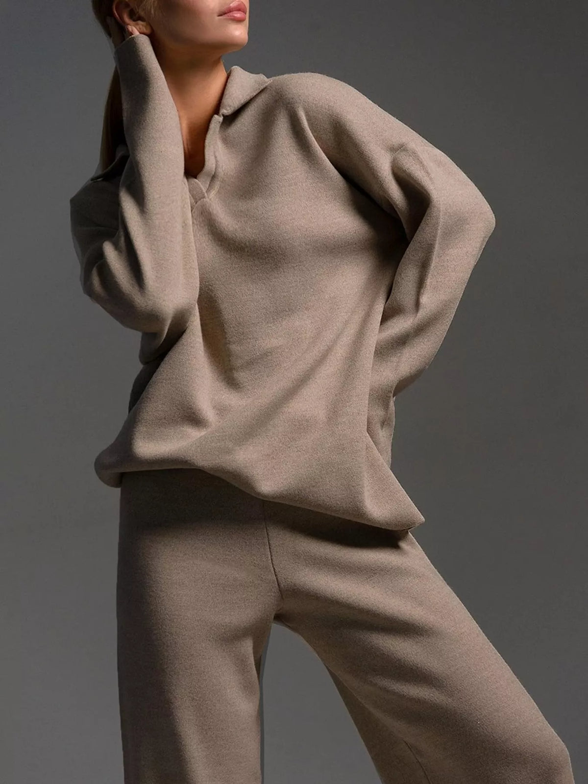 Polo top and pants set, taupe top front