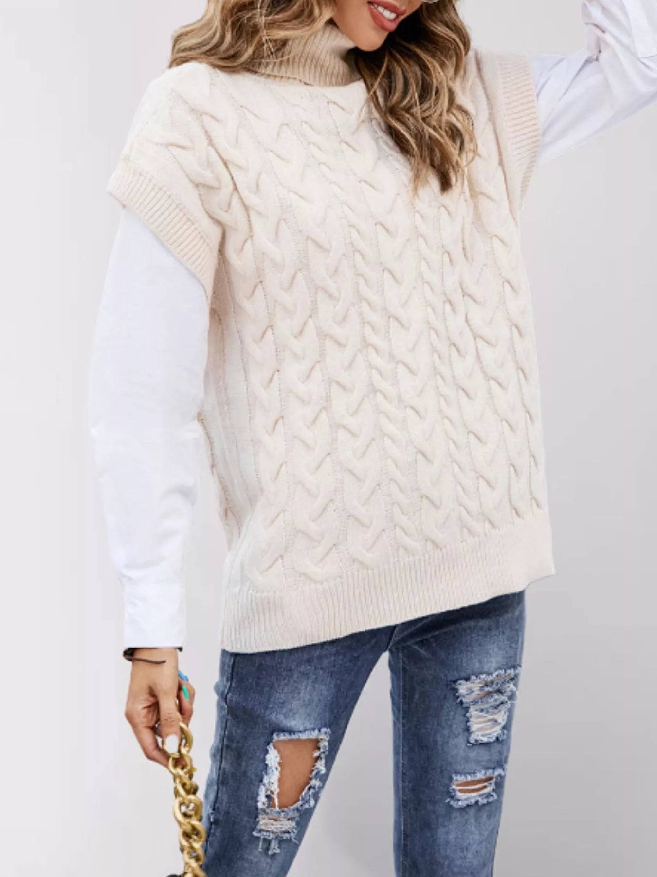 Trendsi Chunky Knit Turtleneck Cap Sleeve Sweater -