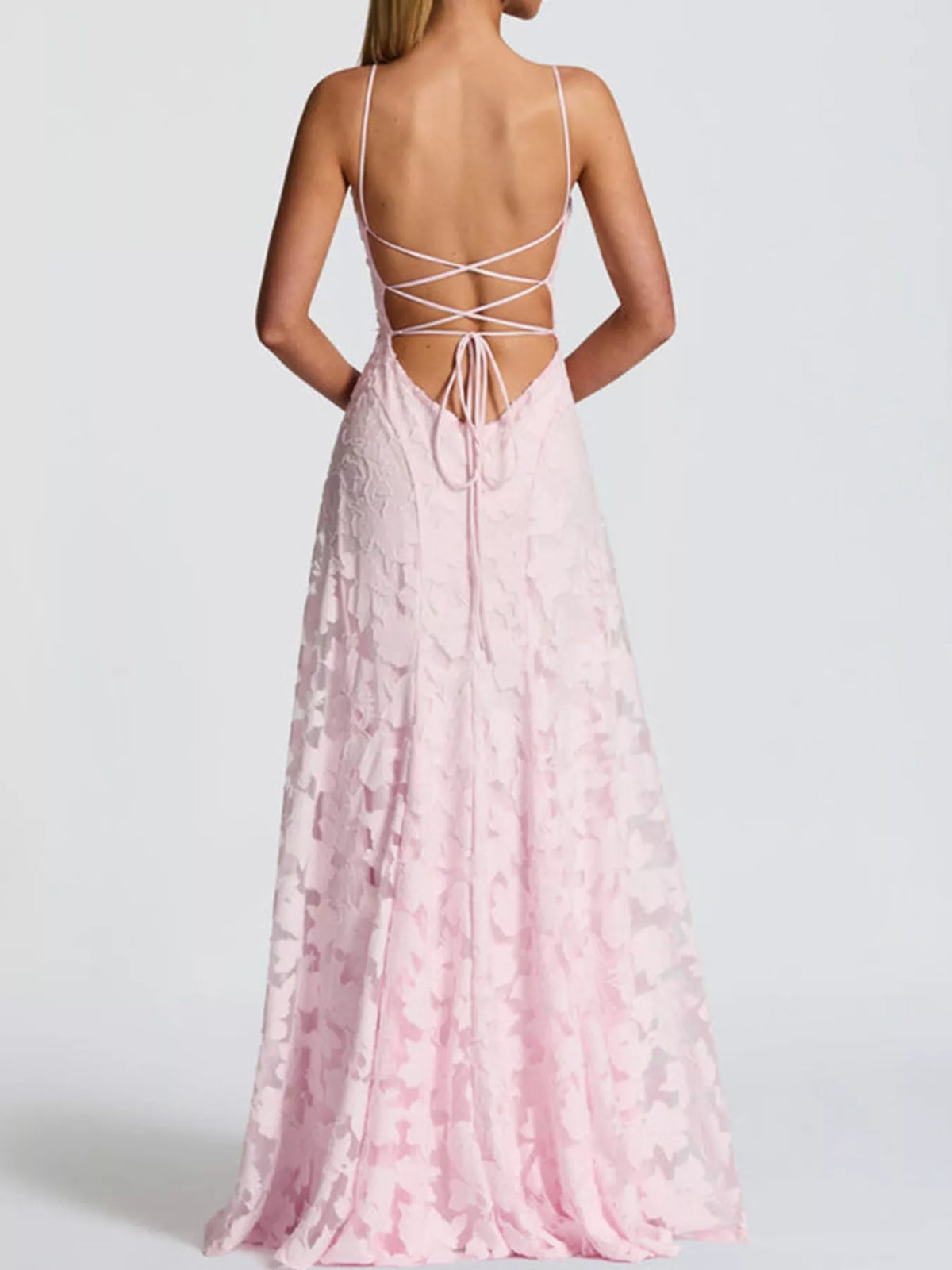 Cowl neck spaghetti-strap maxi dress, back view