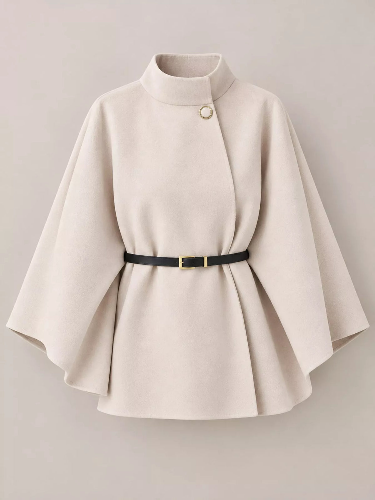 Belted Mock Neck Cape in cream, front view