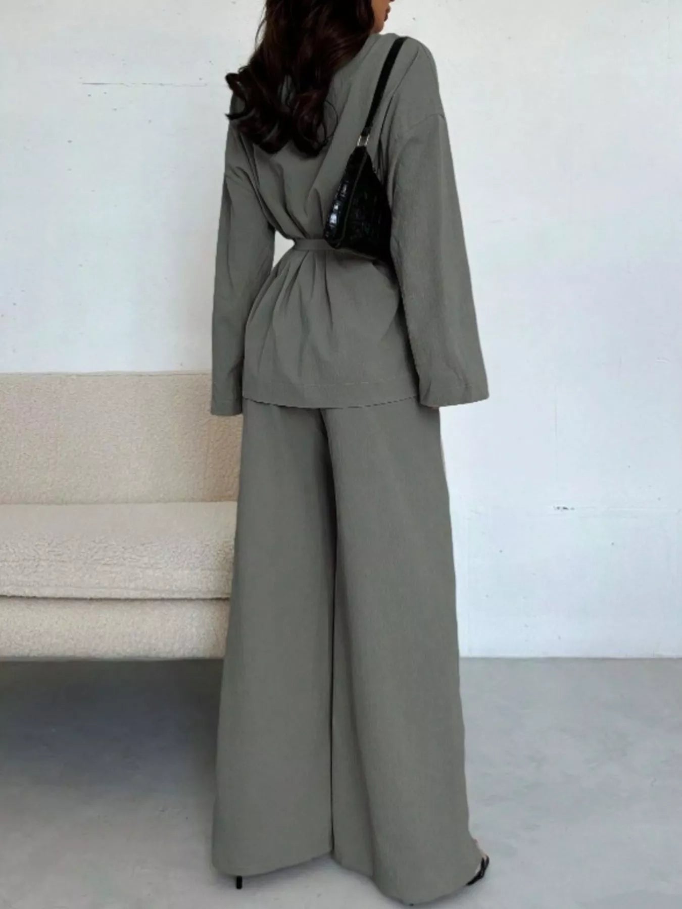 Trendsi Textured Tie Waist Top and Wide-Leg Pants Set -