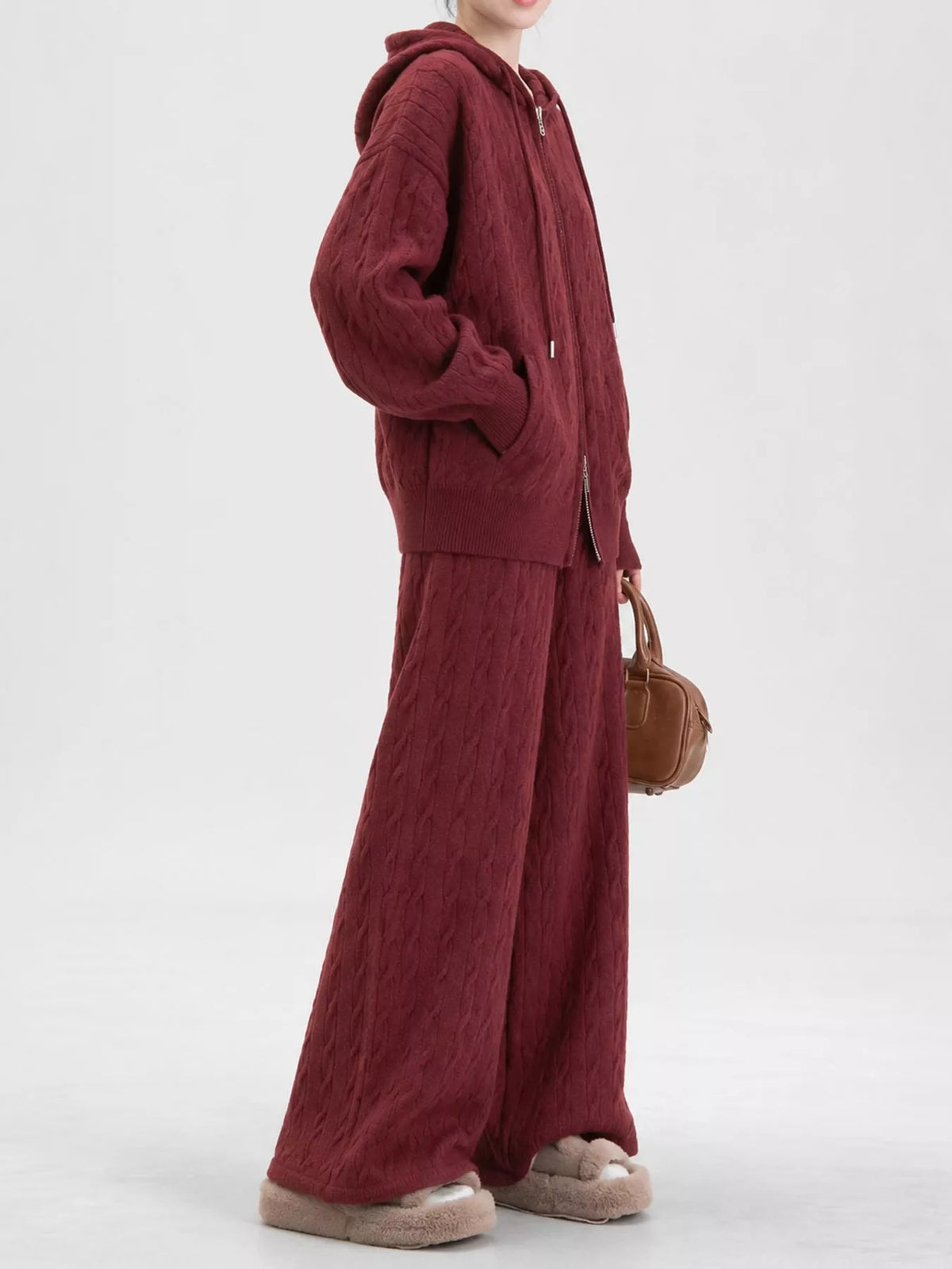 Cable-knit cardigan and pants set, burgundy side
