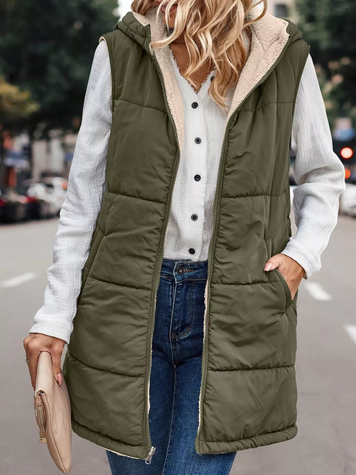Army green hooded sherpa-lined puffer vest