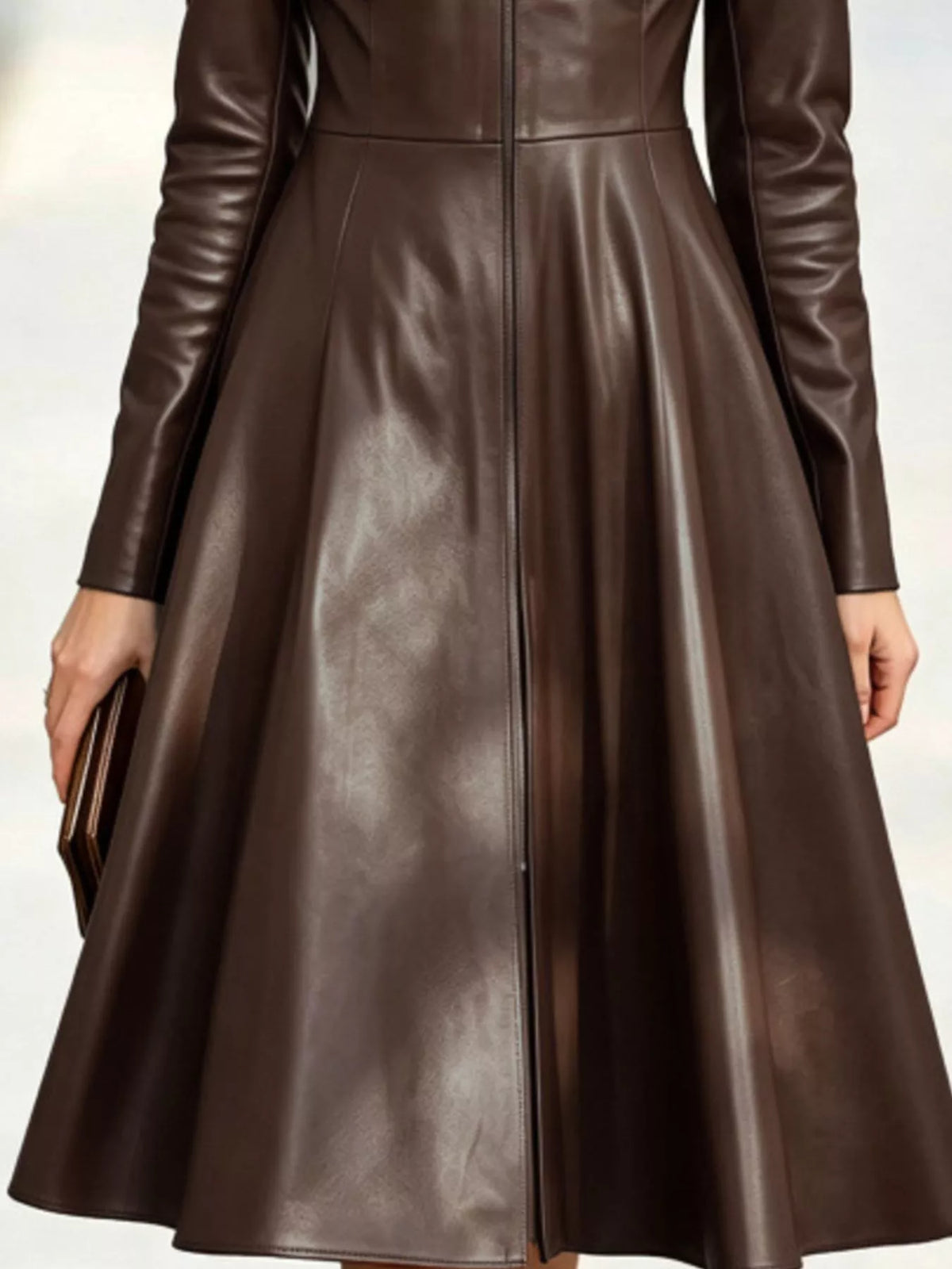 Burgundy faux leather zip-front a-line midi dress, back view