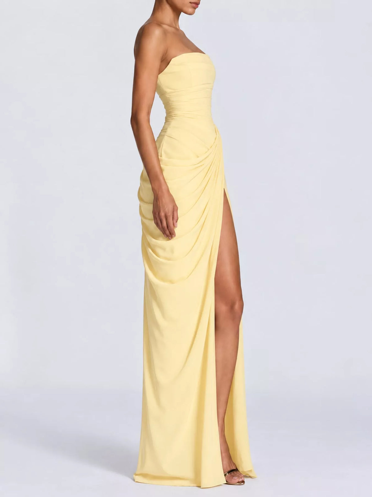 strapless maxi dress, side view