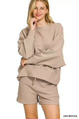 Trendsi Zenana Ribbed Round Neck Pullover and Shorts Set -
