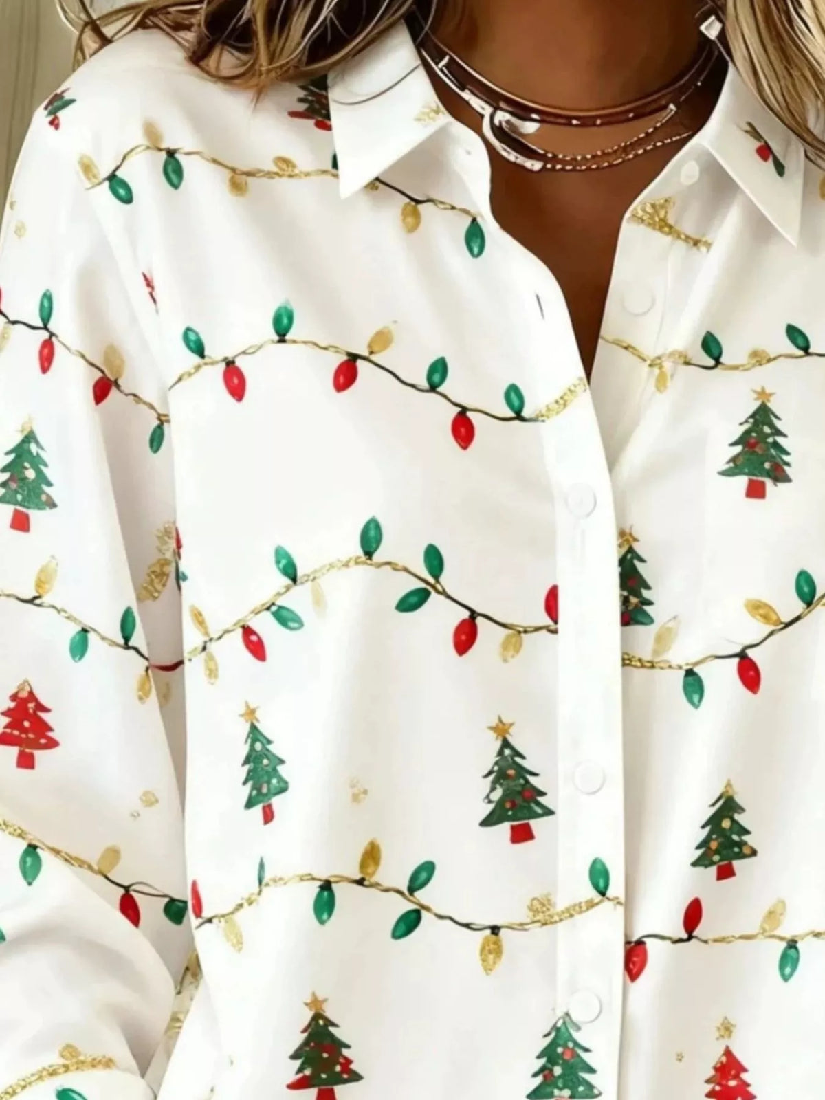 White christmas tree button-down shirt, Christmas tree and light-string print detail.