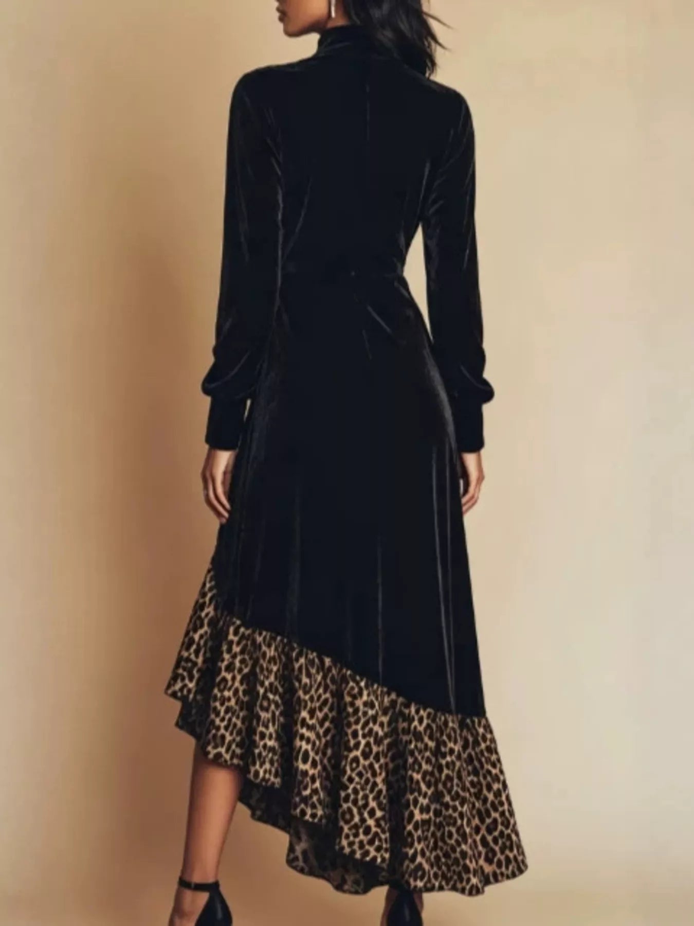 Leopard ruffle-hem mock-neck dress