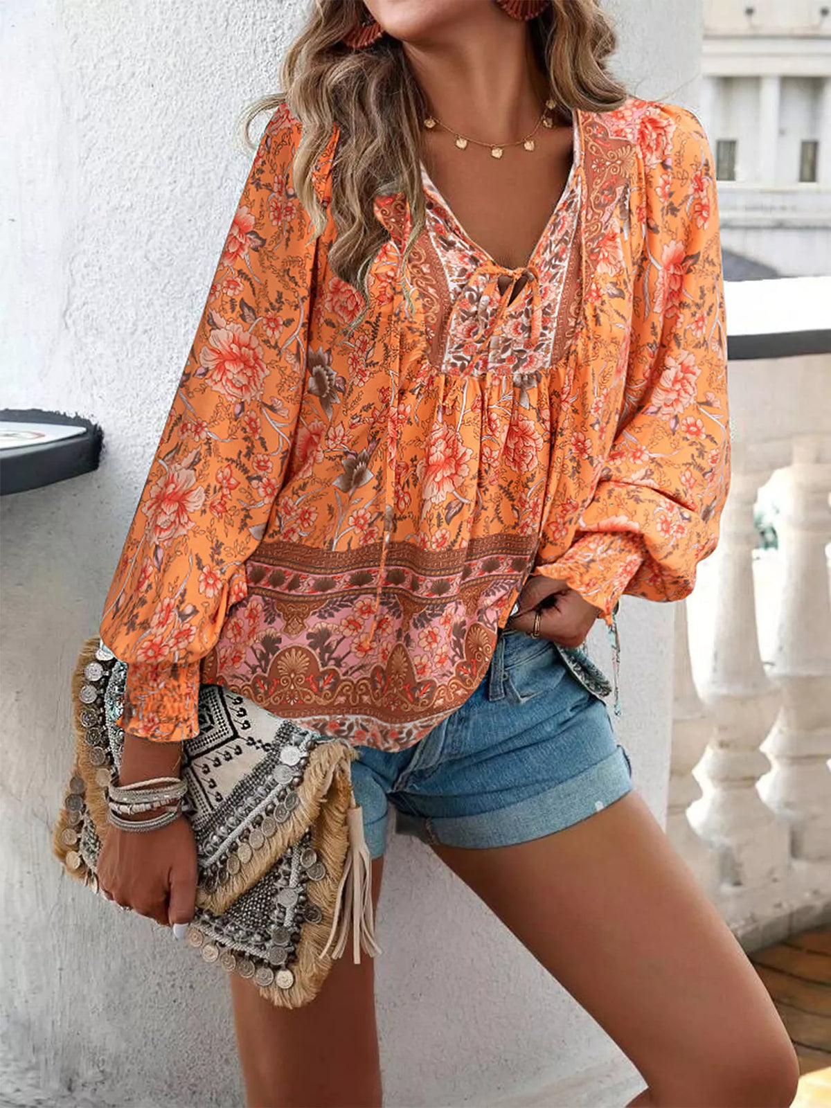 Trendsi Floral Print Tie-Neck Blouse with Smocked Cuffs -