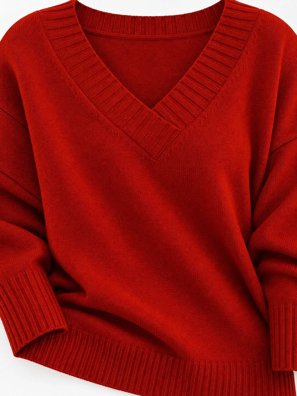 V-neck sweater, red knit detail