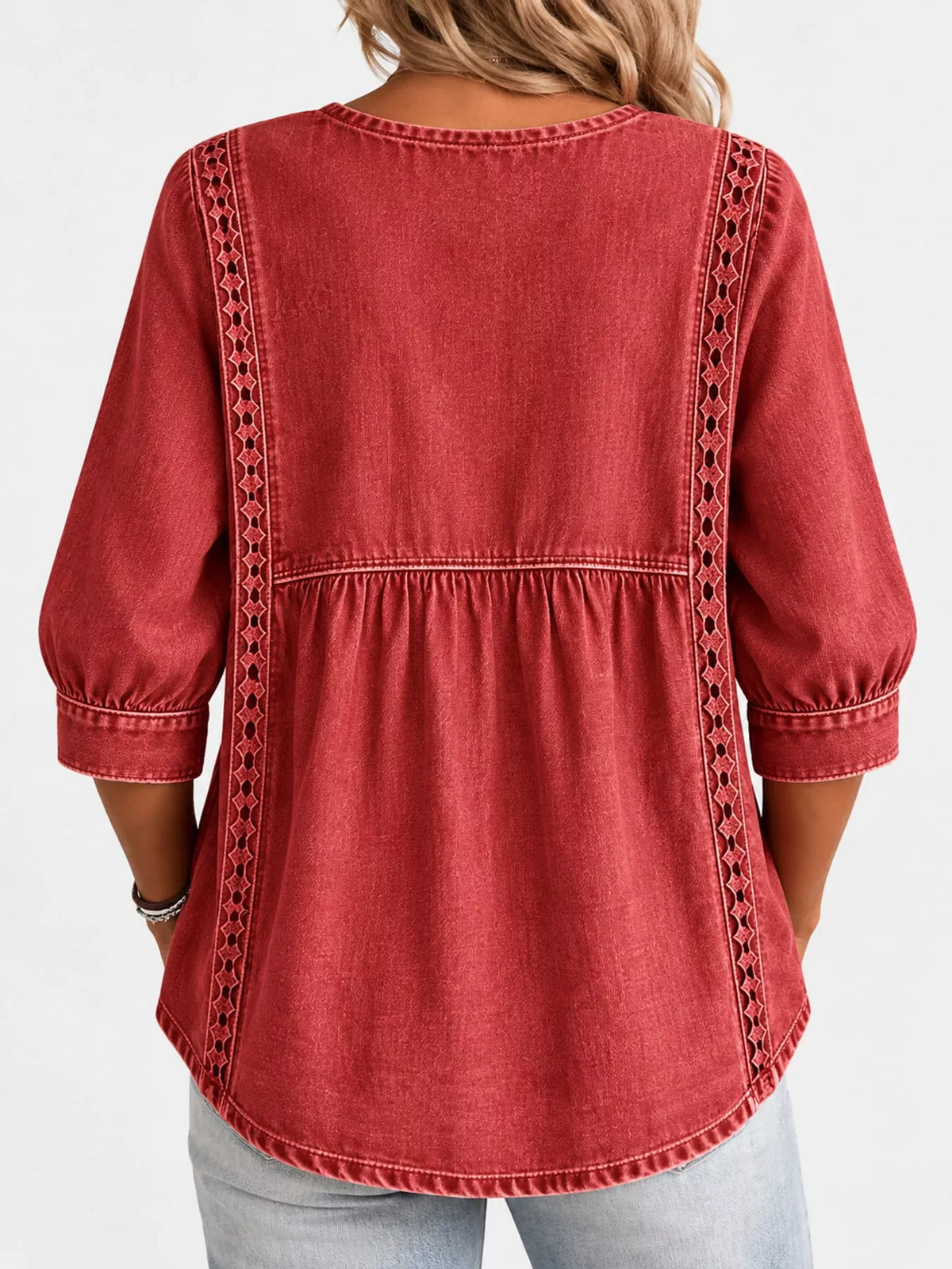 Red square neck embroidered denim blouse, back view