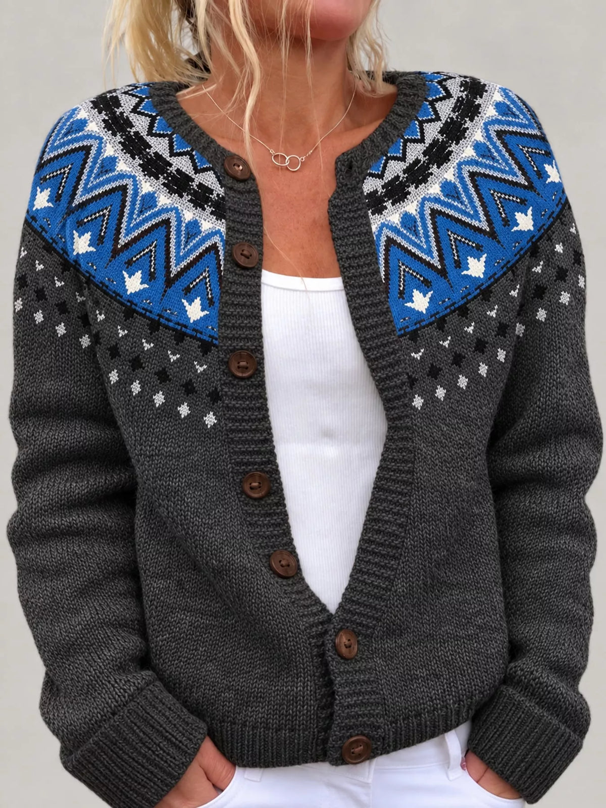 Khaki-8722 patterned button-front knit cardigan