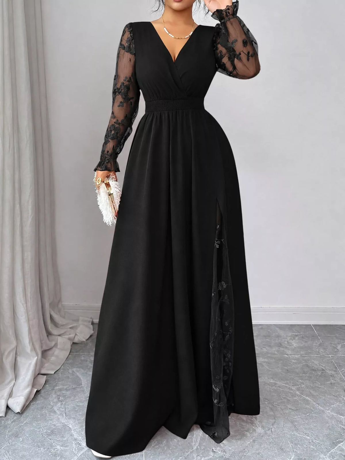 V-neck long sleeve maxi dress, front view on model