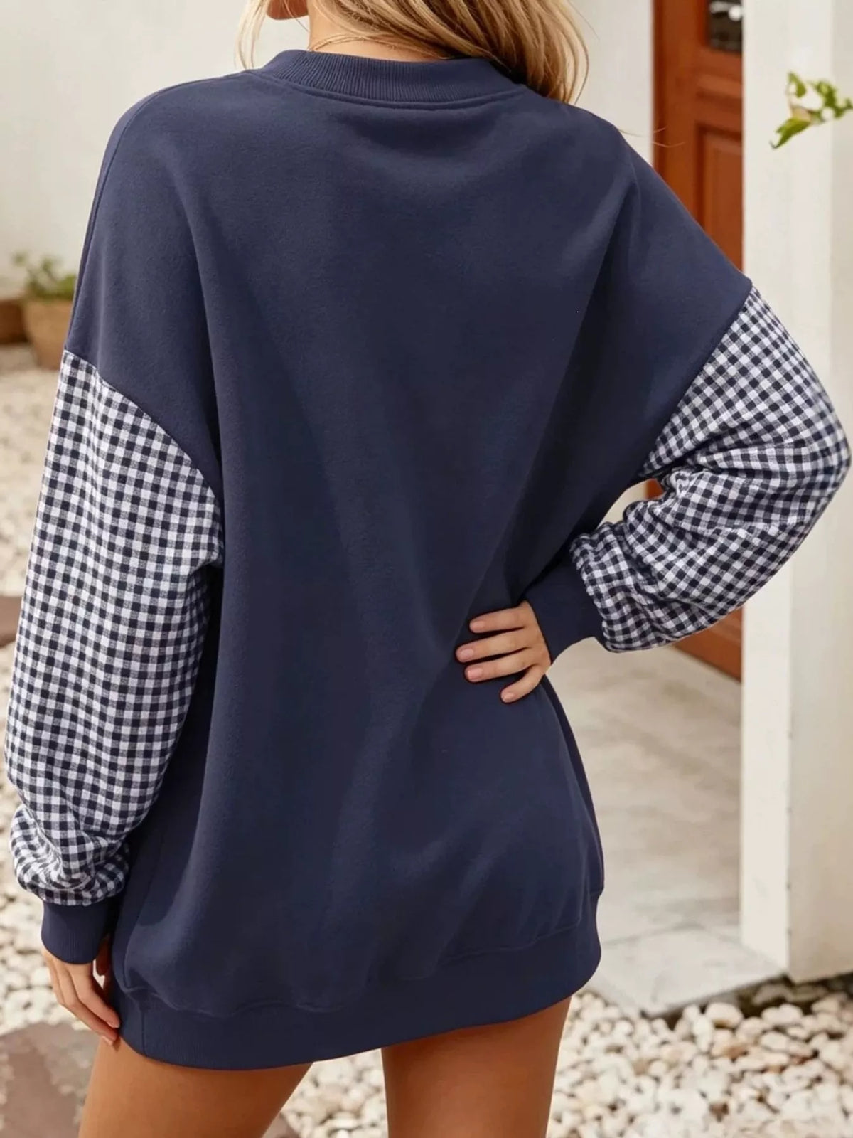 Navy blue and white gingham sleeve dropped shoulder sweatshirt, back view