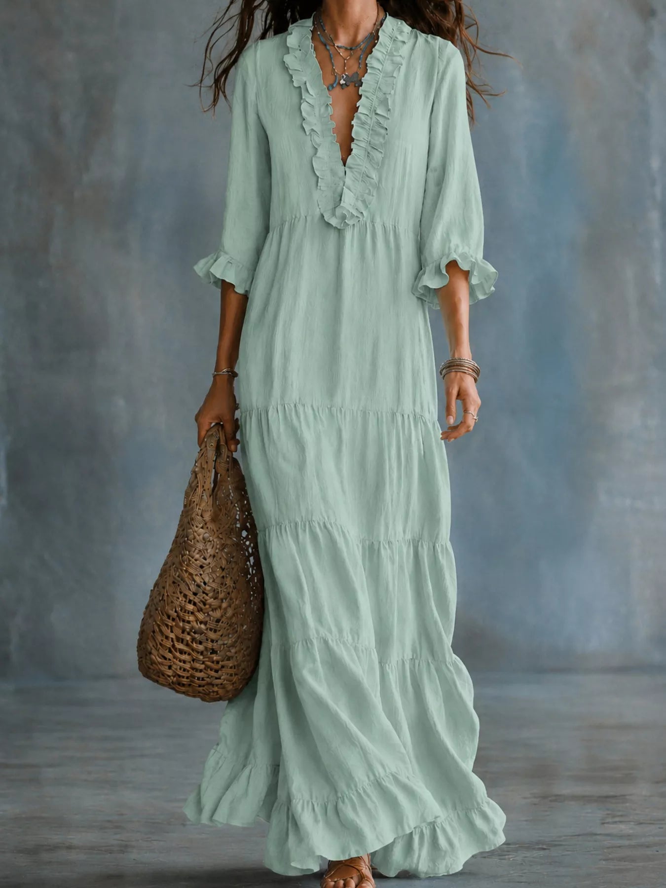 Trendsi Ruffled V-Neck Tiered Maxi Dress -
