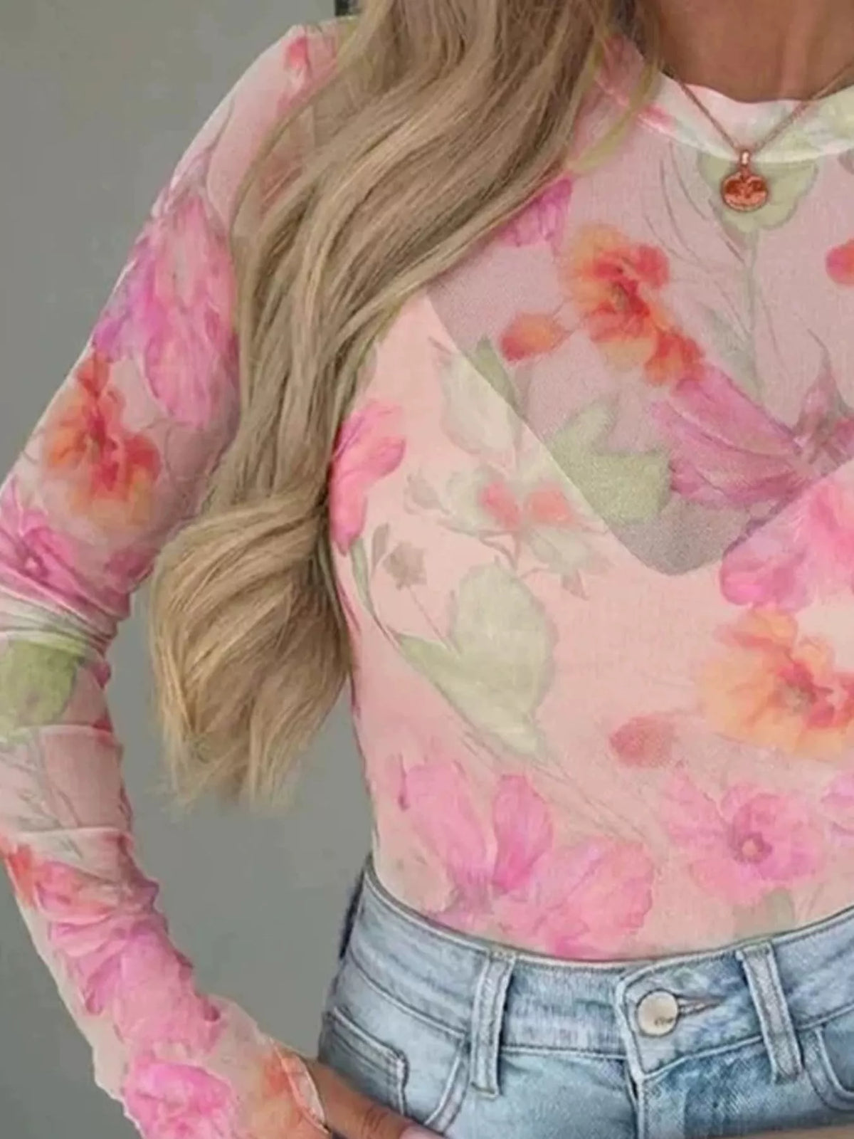 Pink floral print sheer mesh long sleeve t-shirt
