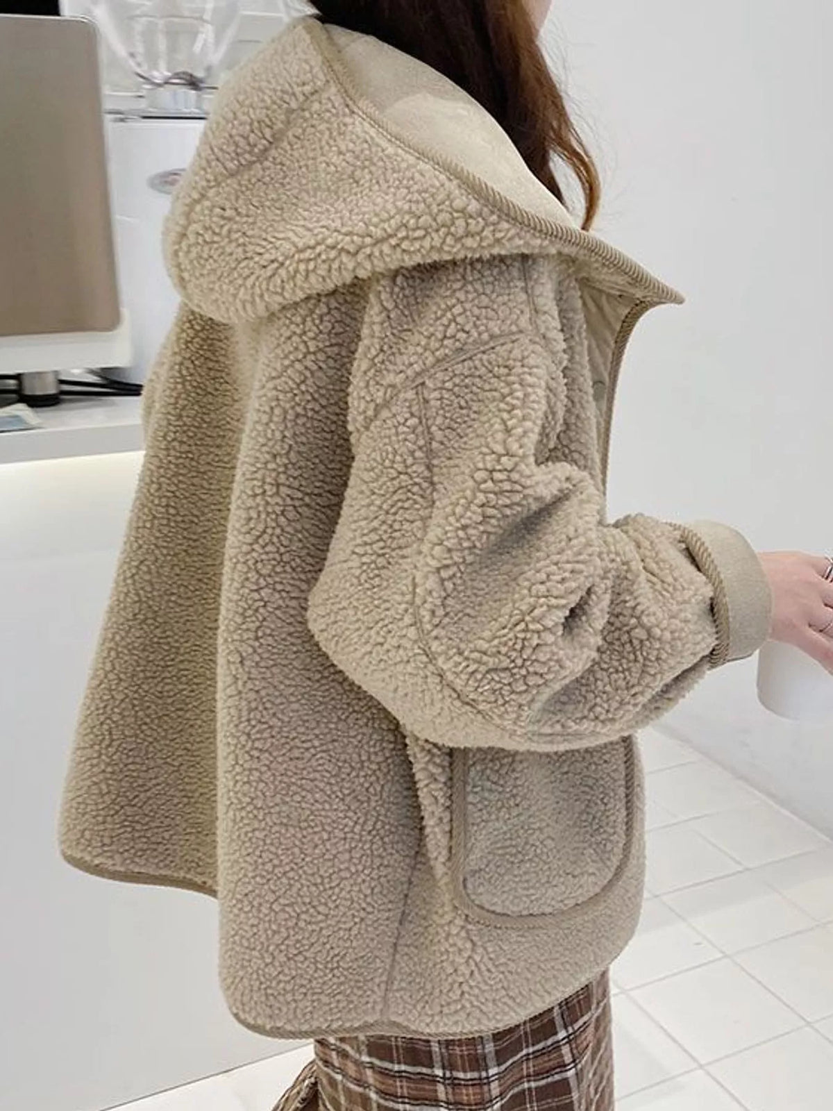 Apricot sherpa fleece hooded snap-button jacket, back view