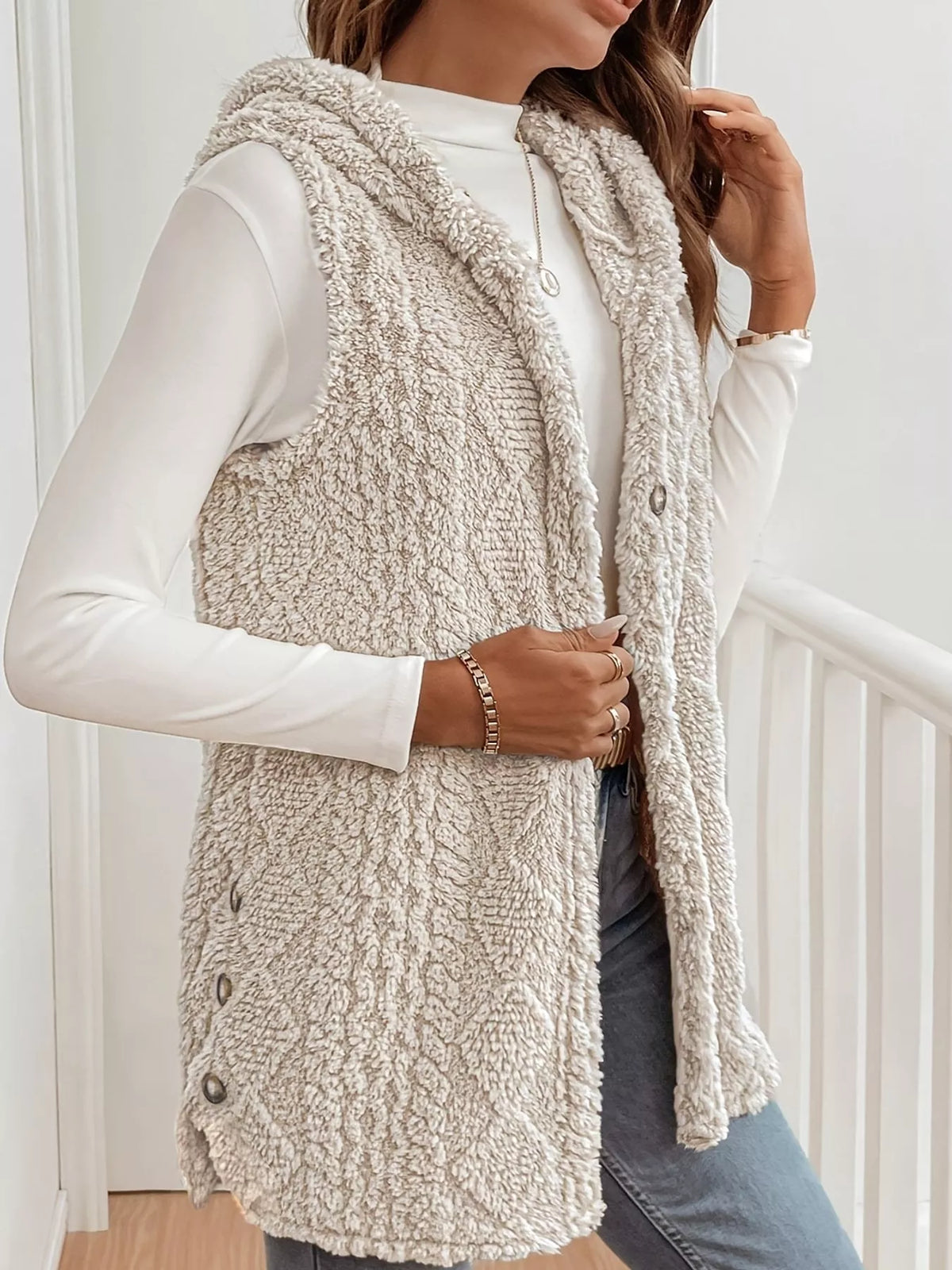 Hooded Sherpa Vest Coat in cream