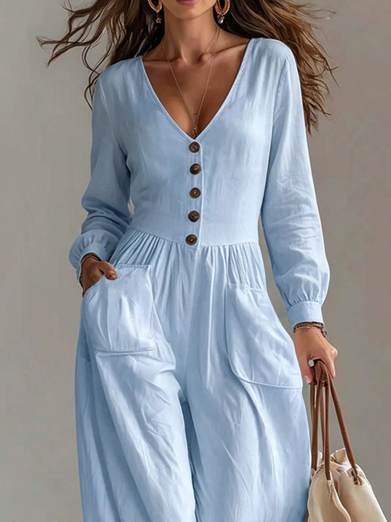 Trendsi V-Neck Long Sleeve Button-Down Wide Leg Jumpsuit -