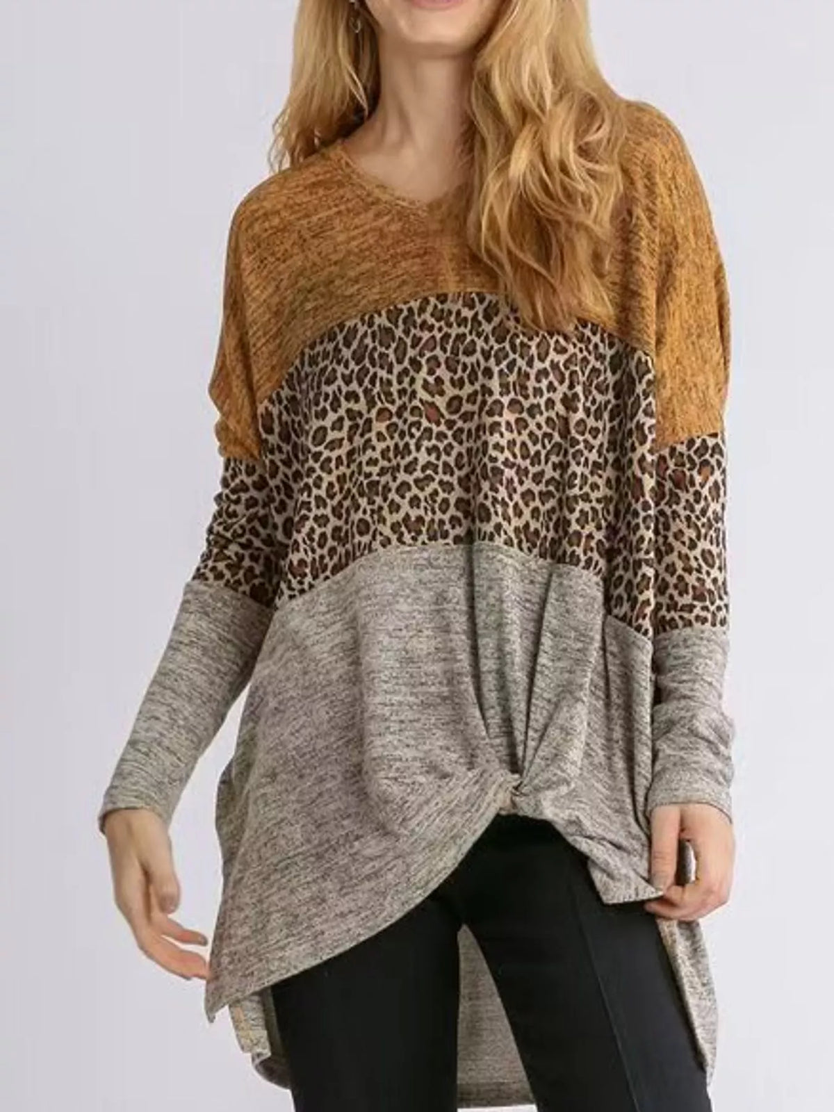 V-neck long sleeve t-shirt, front view on model