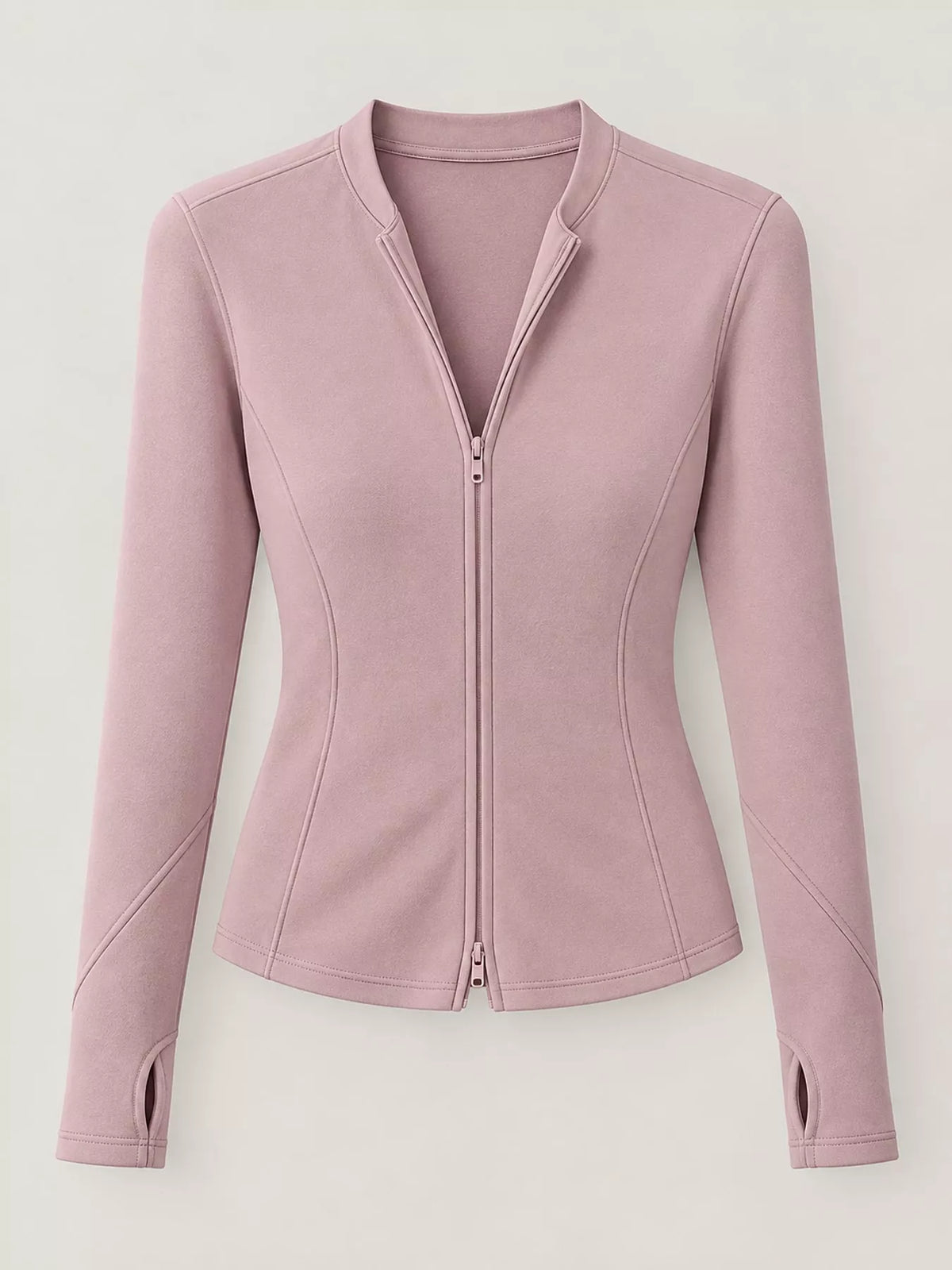 Pink slim-fit zip-up long sleeve jacket — front view