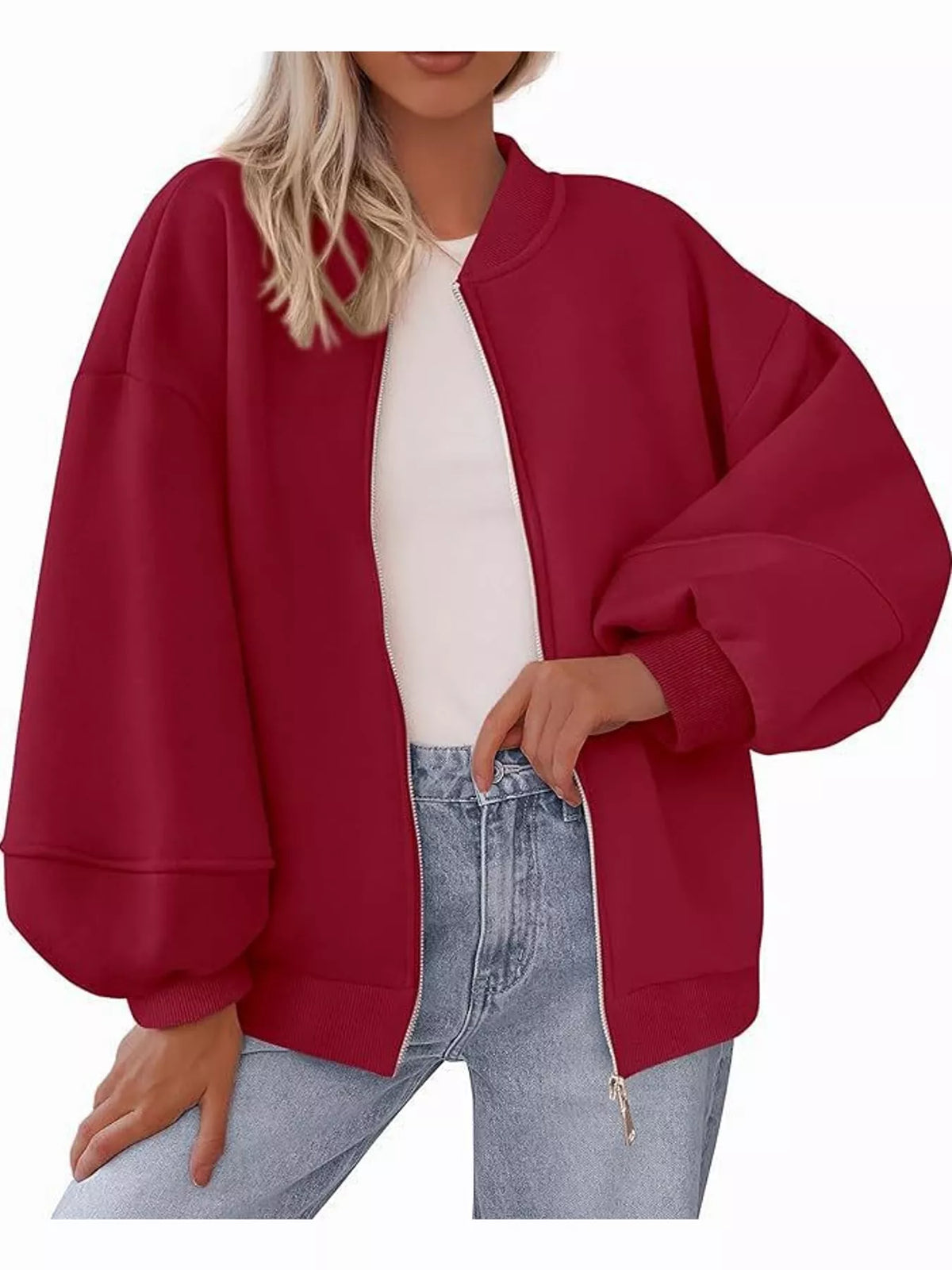 Red oversized zip-up jacket — front view