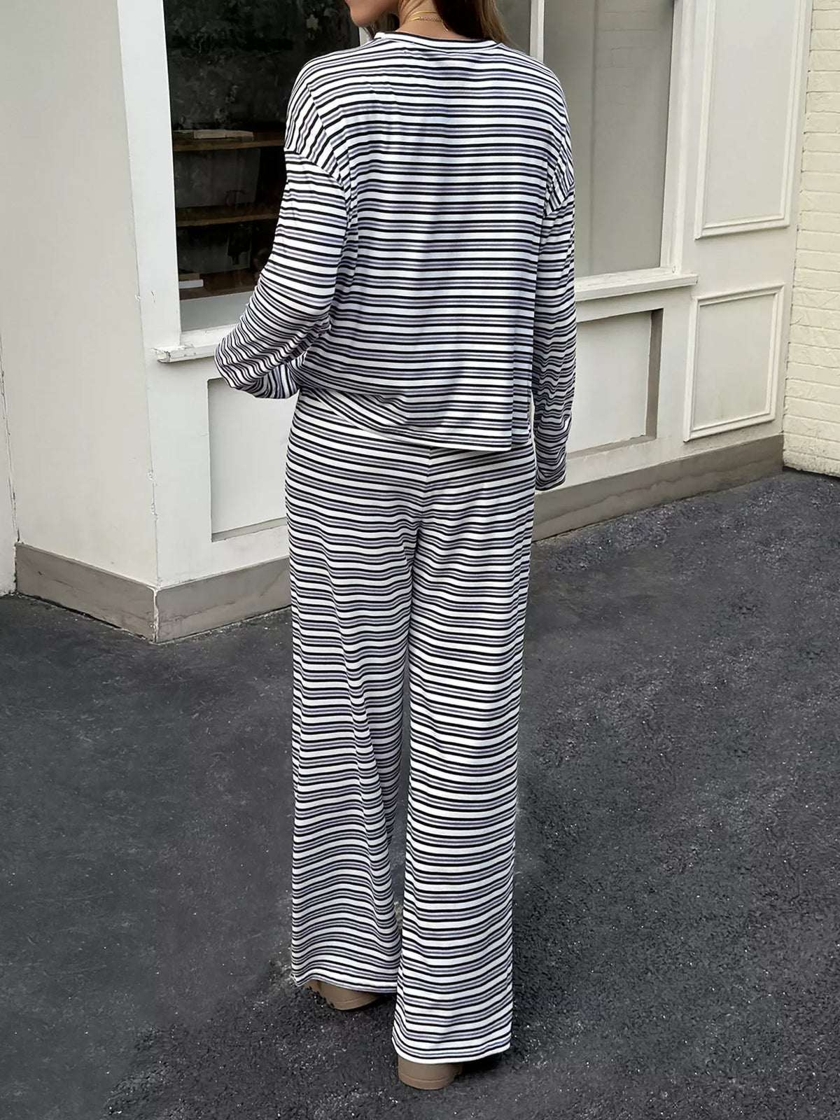 Trendsi Striped Casual Long Sleeve Top and Wide Leg Pants Set -