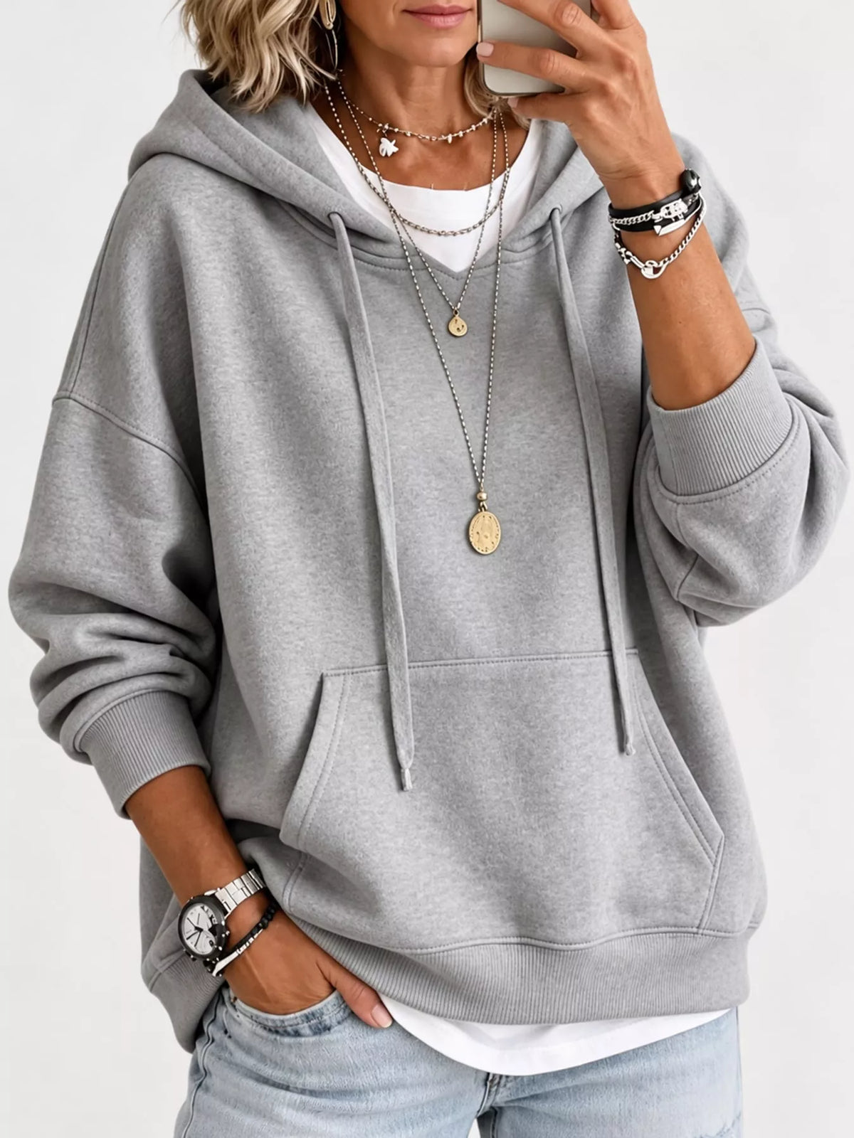 Women's Drawstring Dropped Shoulder Hoodie in gray — front view
