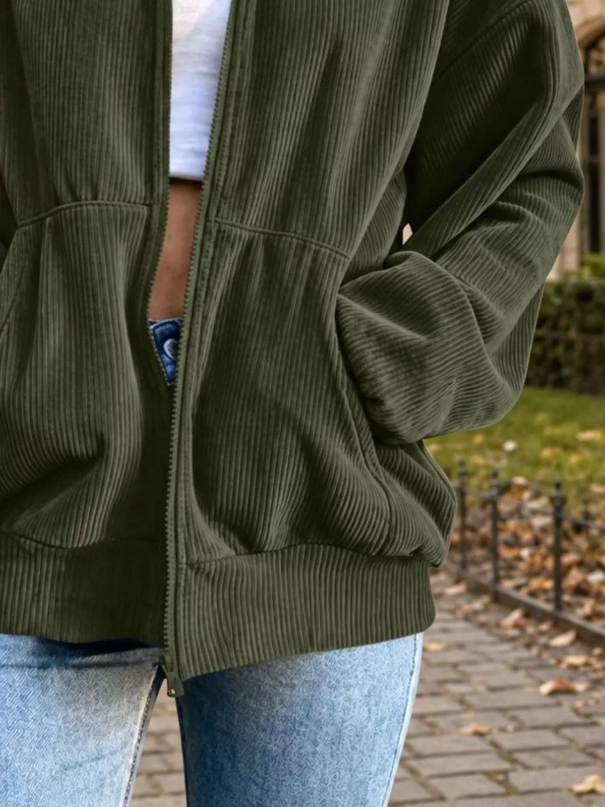 Women's Zip Up Dropped Shoulder Corduroy Jacket in olive — pocket detail view