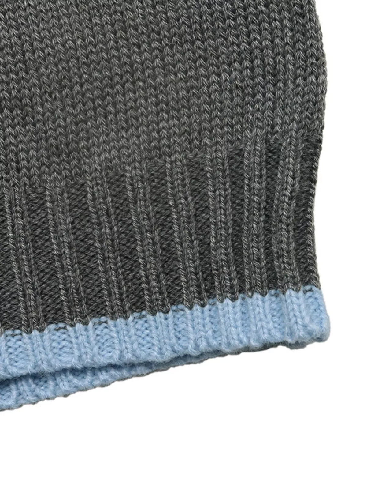 Gray sweater with blue contrast trim, hem detail