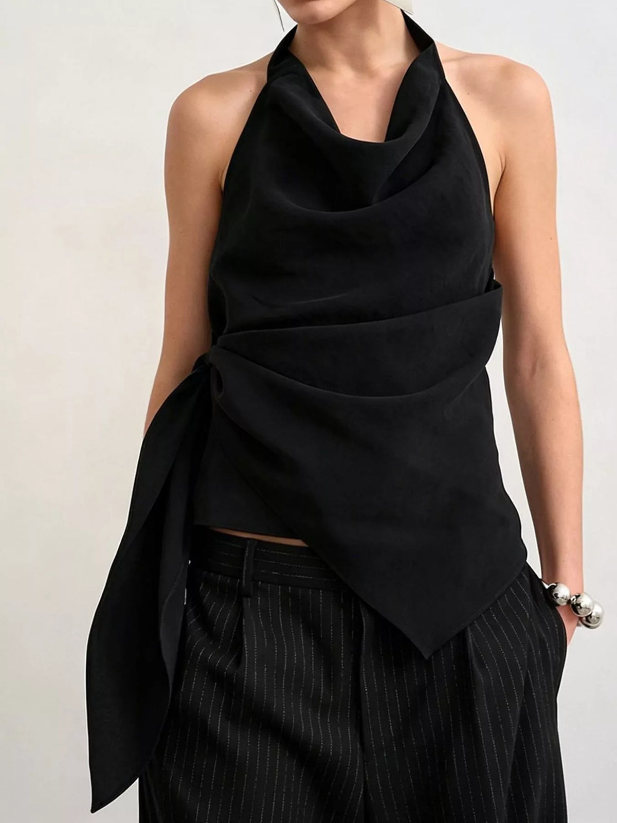 Halter Neck Draped Tank Top in black