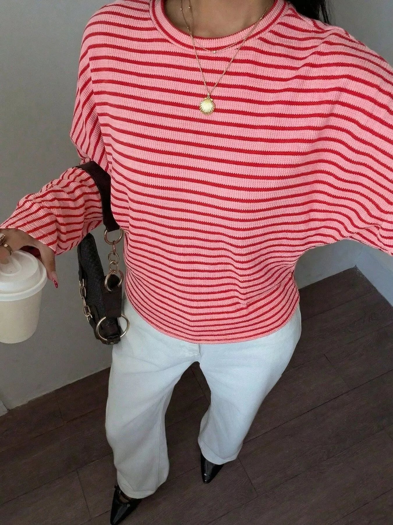 Trendsi Casual Striped Batwing Sleeve T-Shirt -