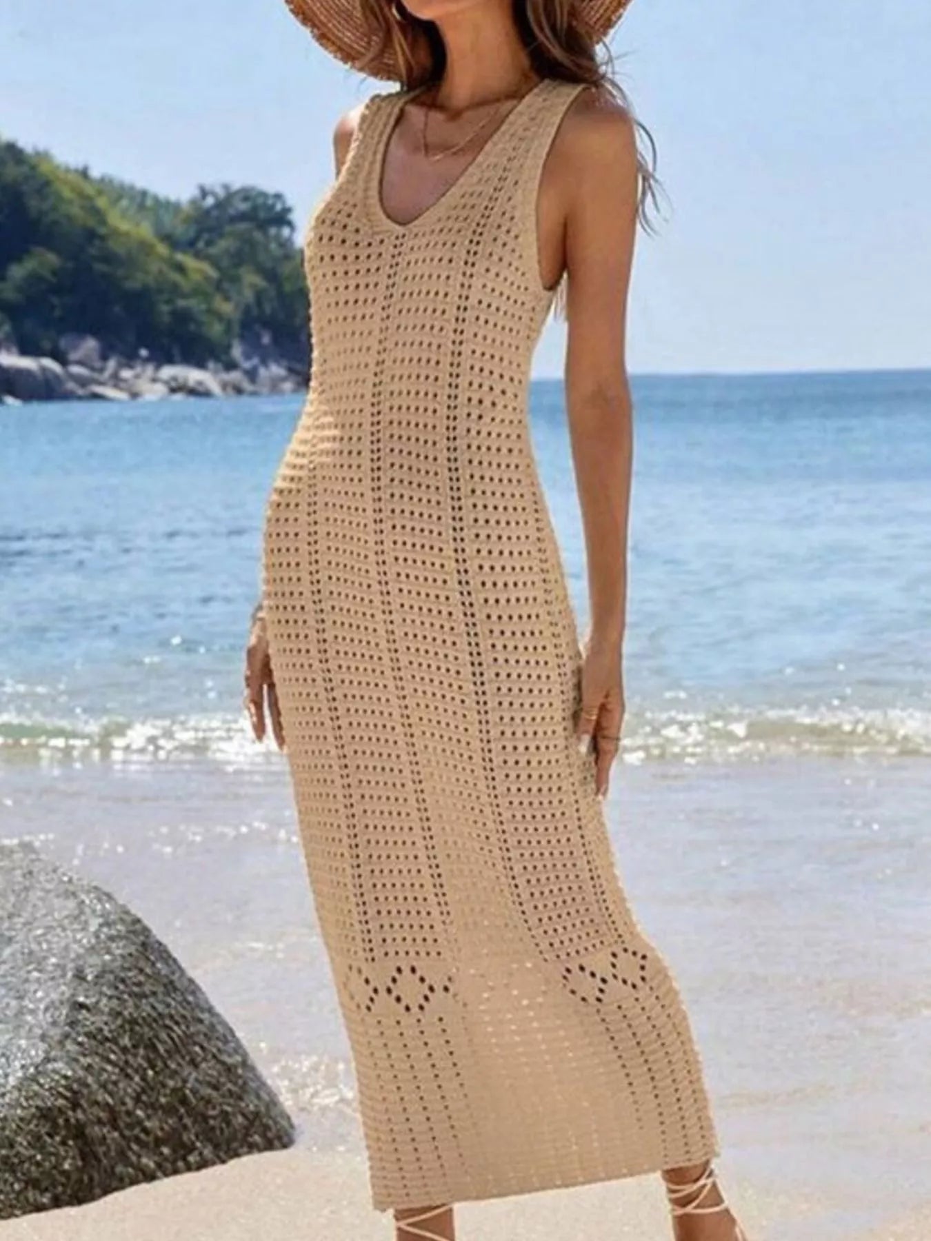 Trendsi Sleeveless Crochet Knit Cover Up Maxi Dress -