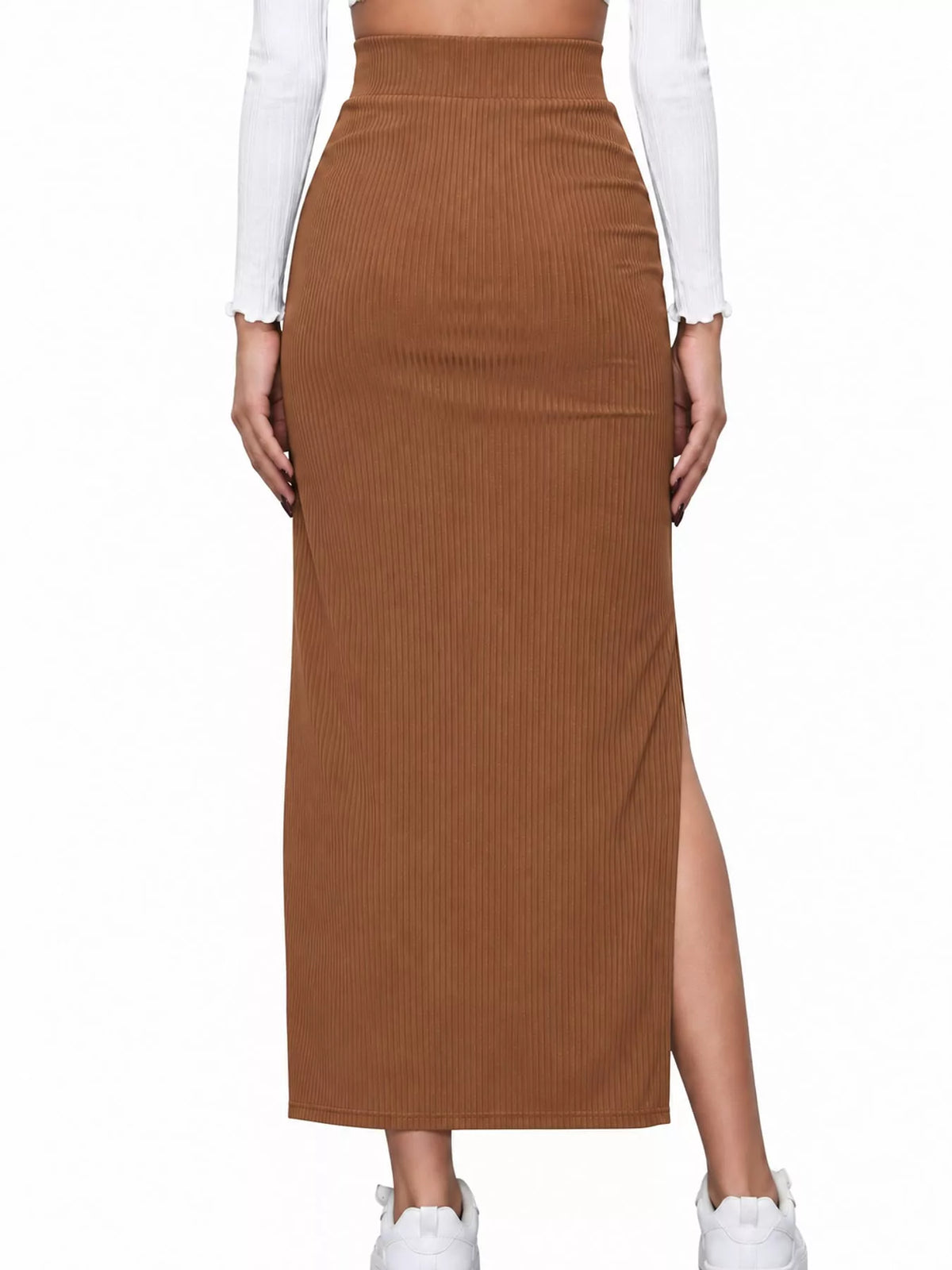 Tan side slit skirt — back view