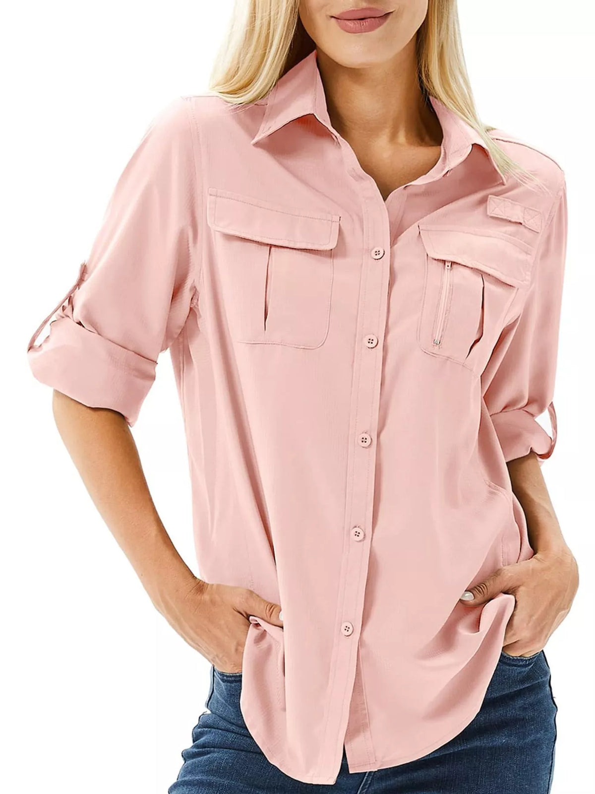 Button-Down Roll-Up Sleeve Shirt in pink, front view