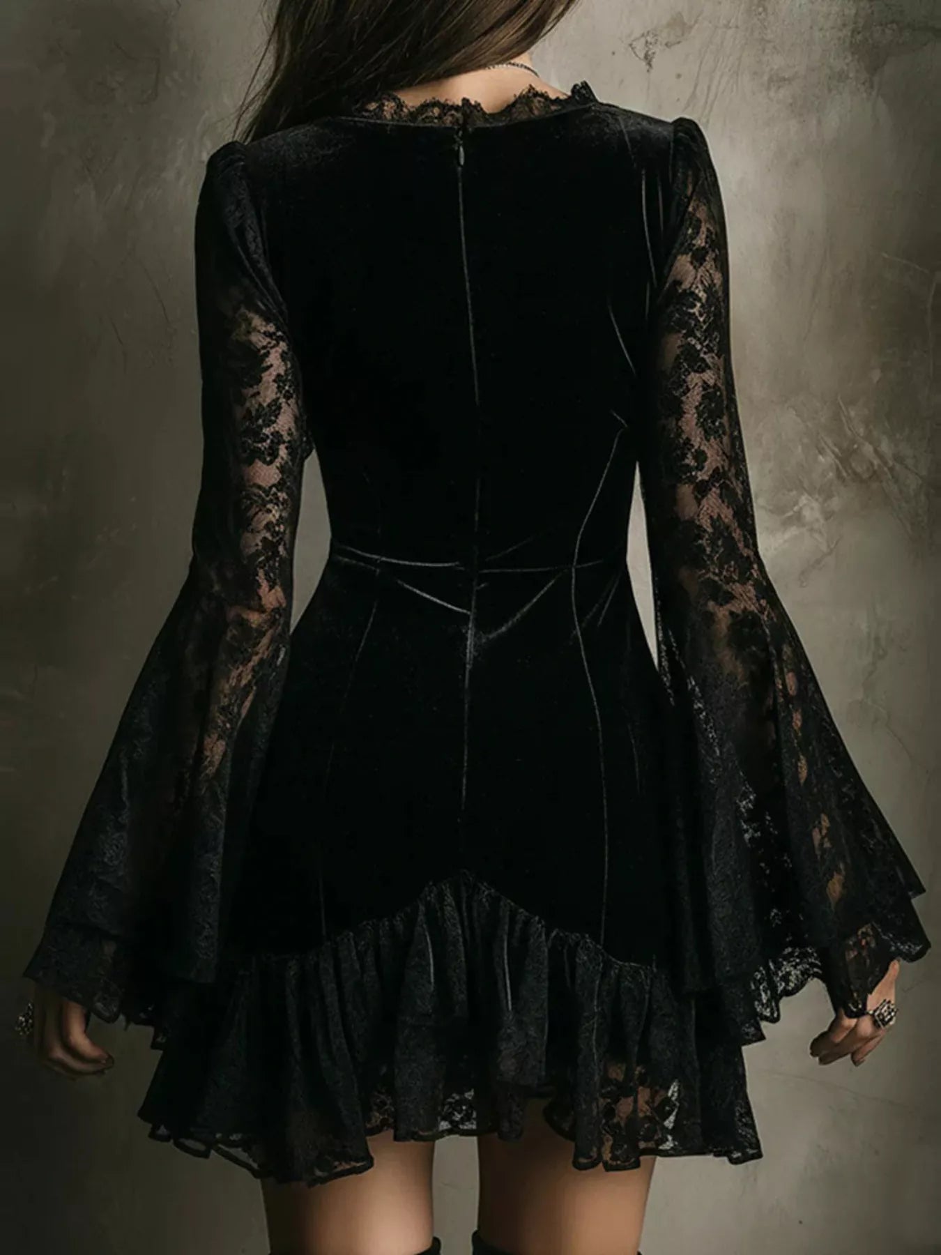 Trendsi Velvet Lace Trim V-Neck Mini Dress -