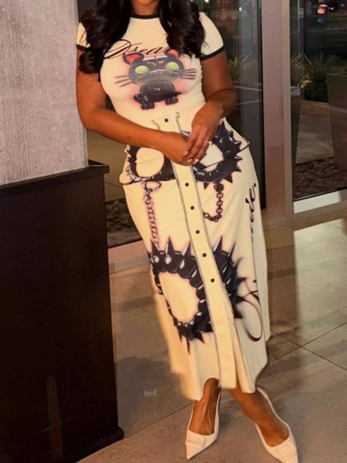 Cream cat print bodycon maxi dress, front view