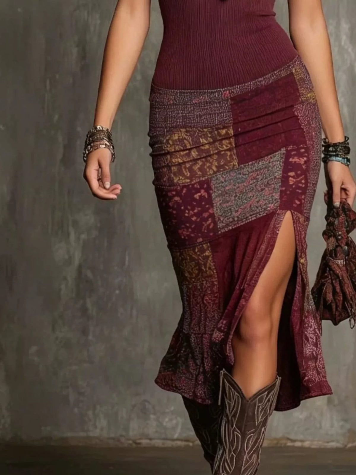 Burgundy printed slit midi dress, skirt and slit detail