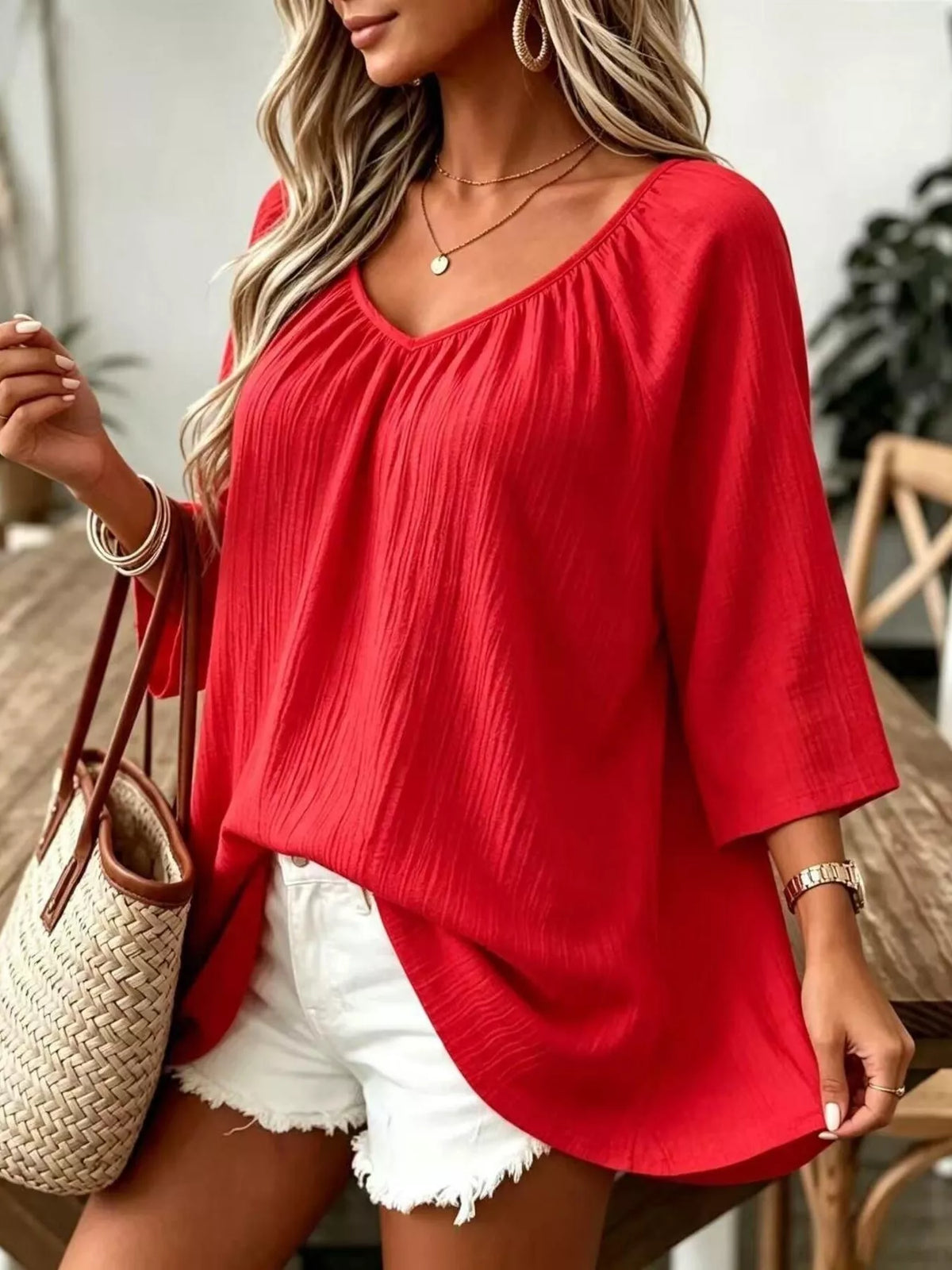 Textured V-Neck Casual T-Shirt, front view