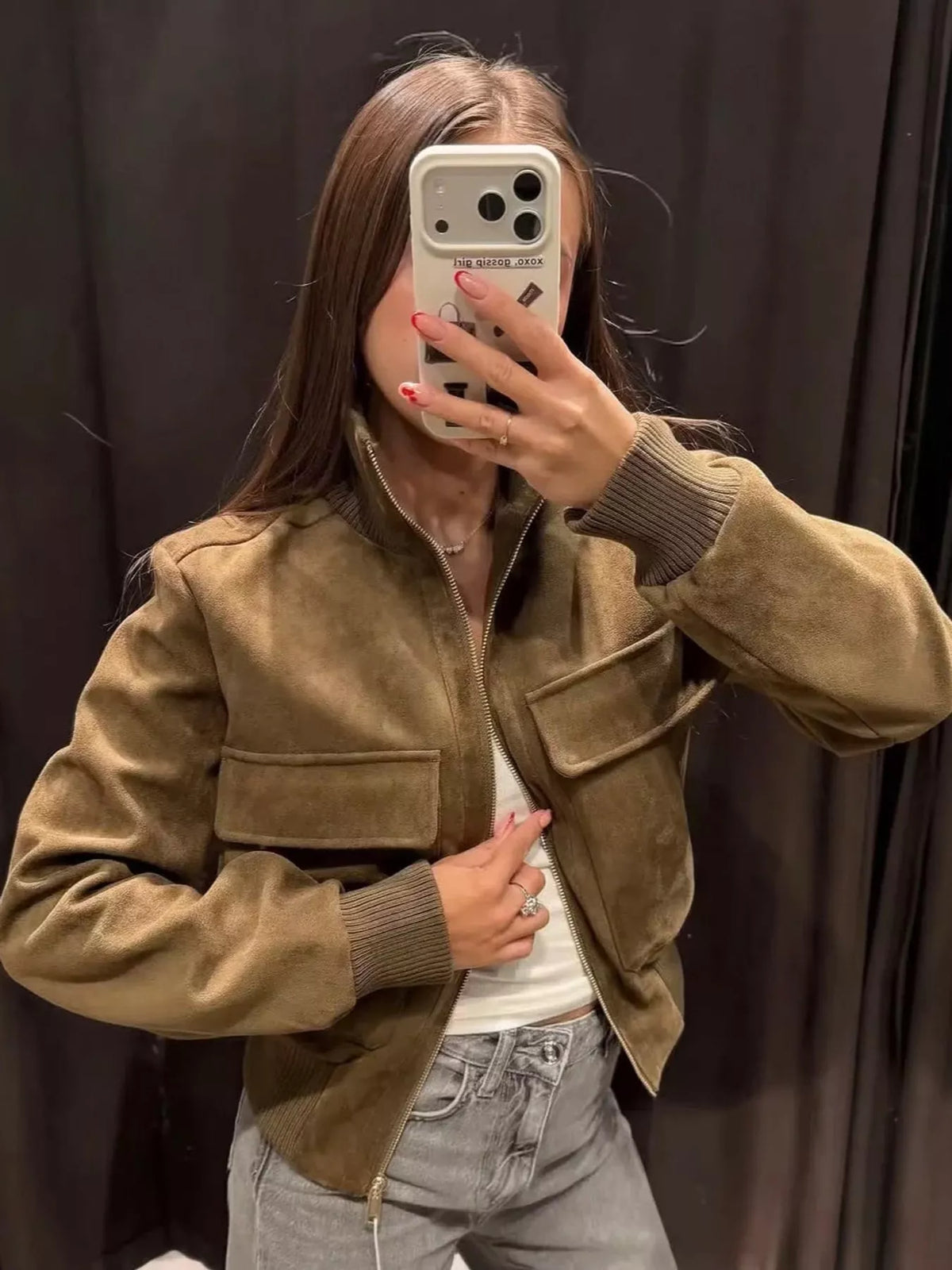 Suede Zip-Up Pocket Jacket — front view