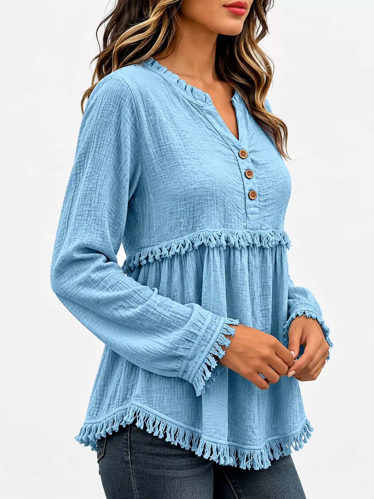 Frayed-hem blouse, light blue side