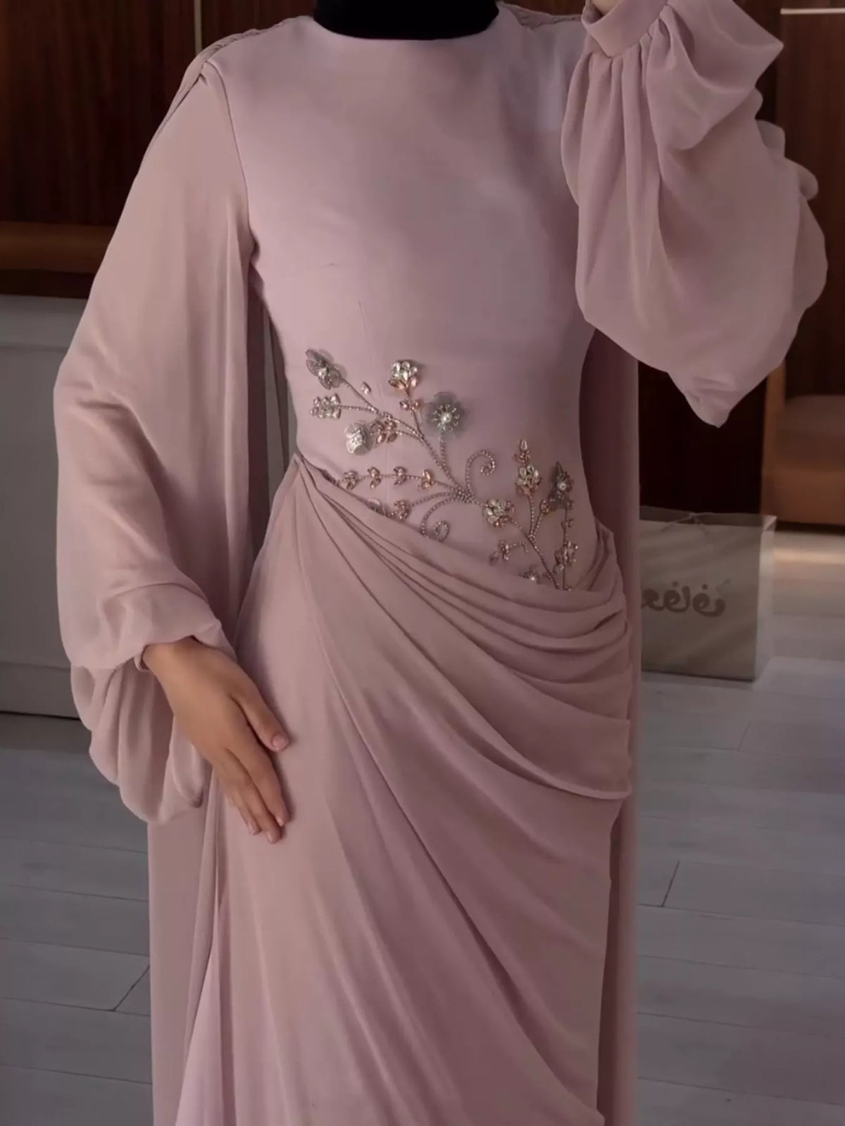 Pink floral detail long sleeve maxi dress, front view