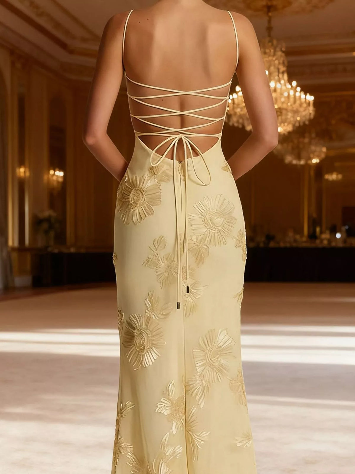 Floral spaghetti-strap maxi dress, back view