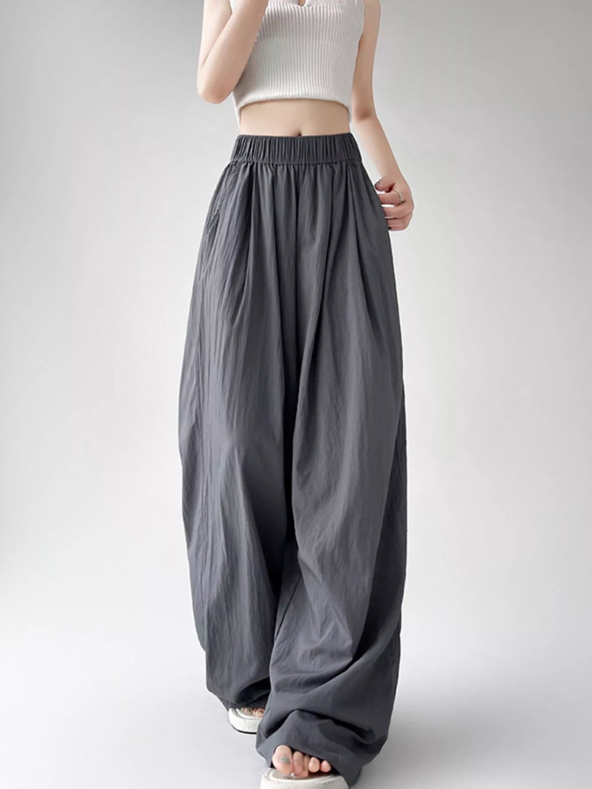 Women's High-Waisted Loose Fit Wide-Leg Casual Pants in gray — front view