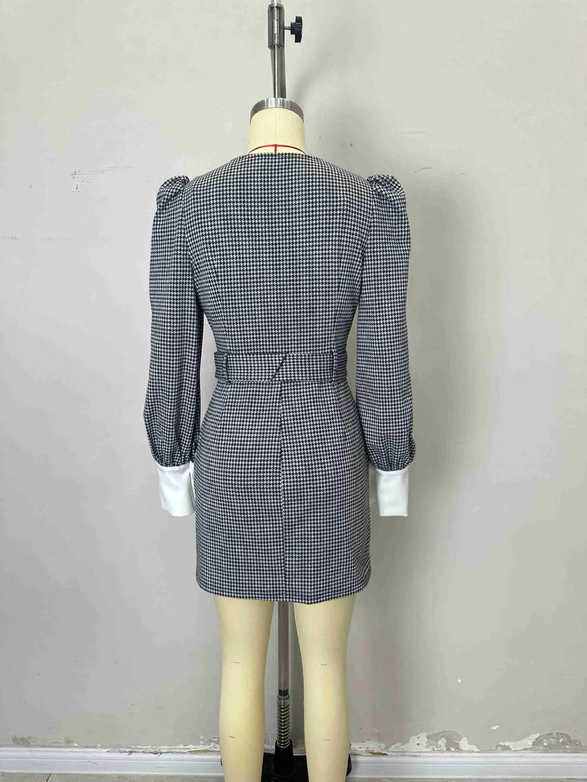Black Contrast Collar Houndstooth Mini Dress back view