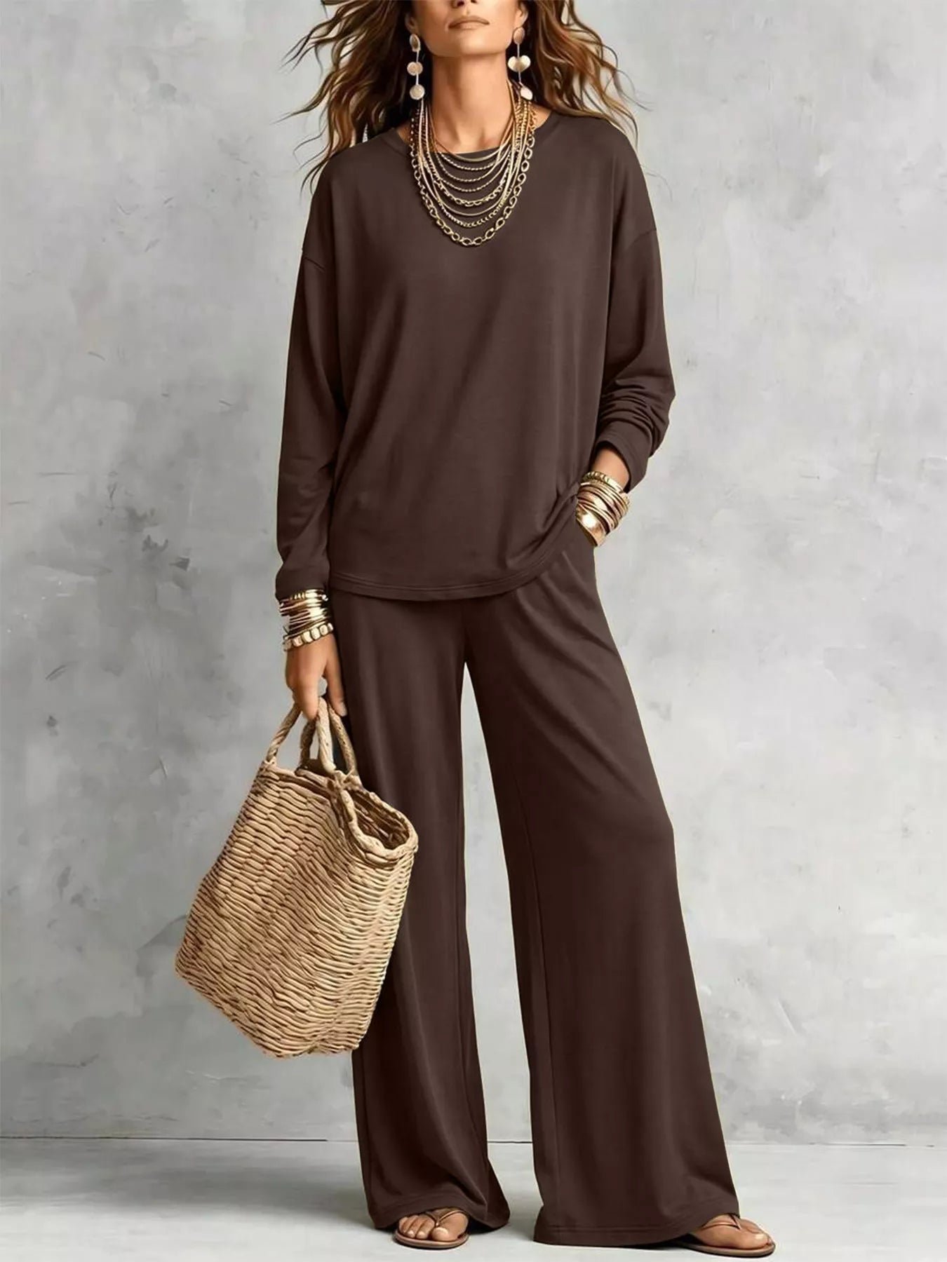 Trendsi Round Neck T-Shirt and Wide-Leg Pants Set -