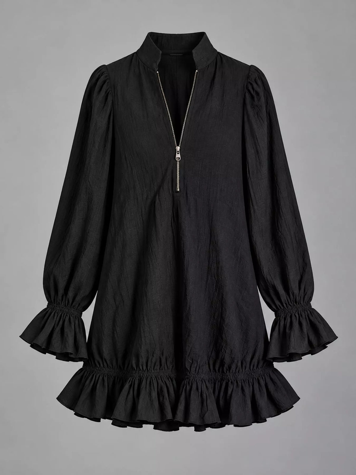 Ruffled-hem mini dress, black flat front