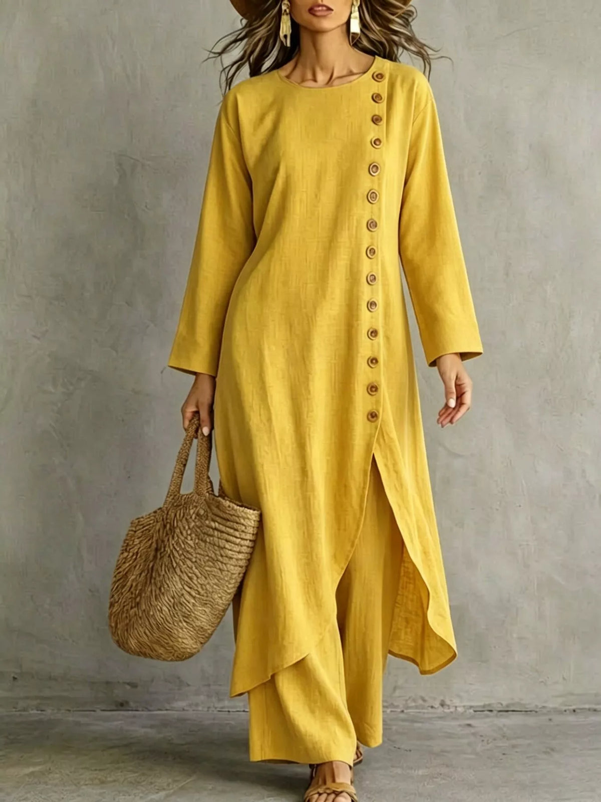 Yellow longline top and pants set, front view